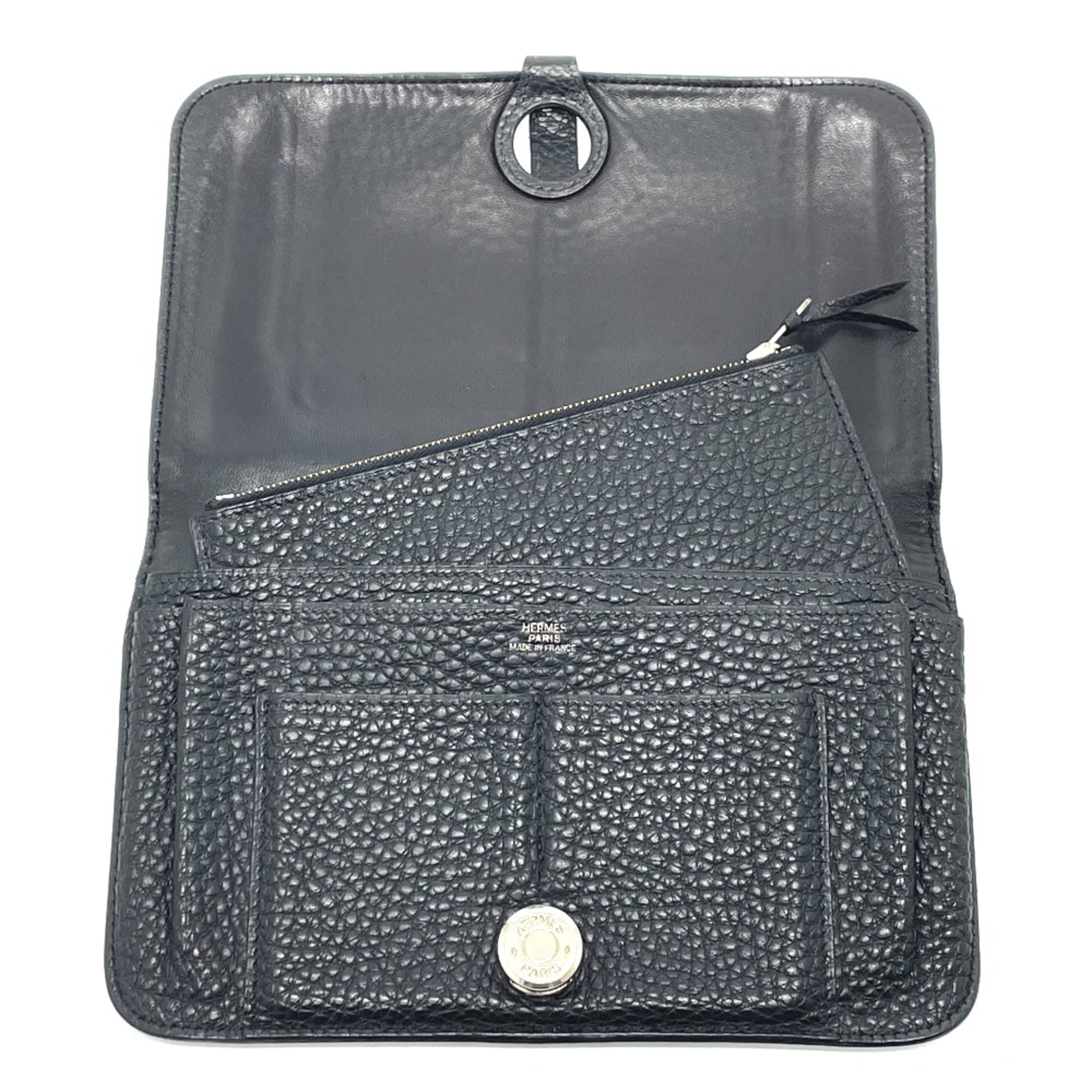 Hermes Long Wallet with coin purse Folded wallet Black