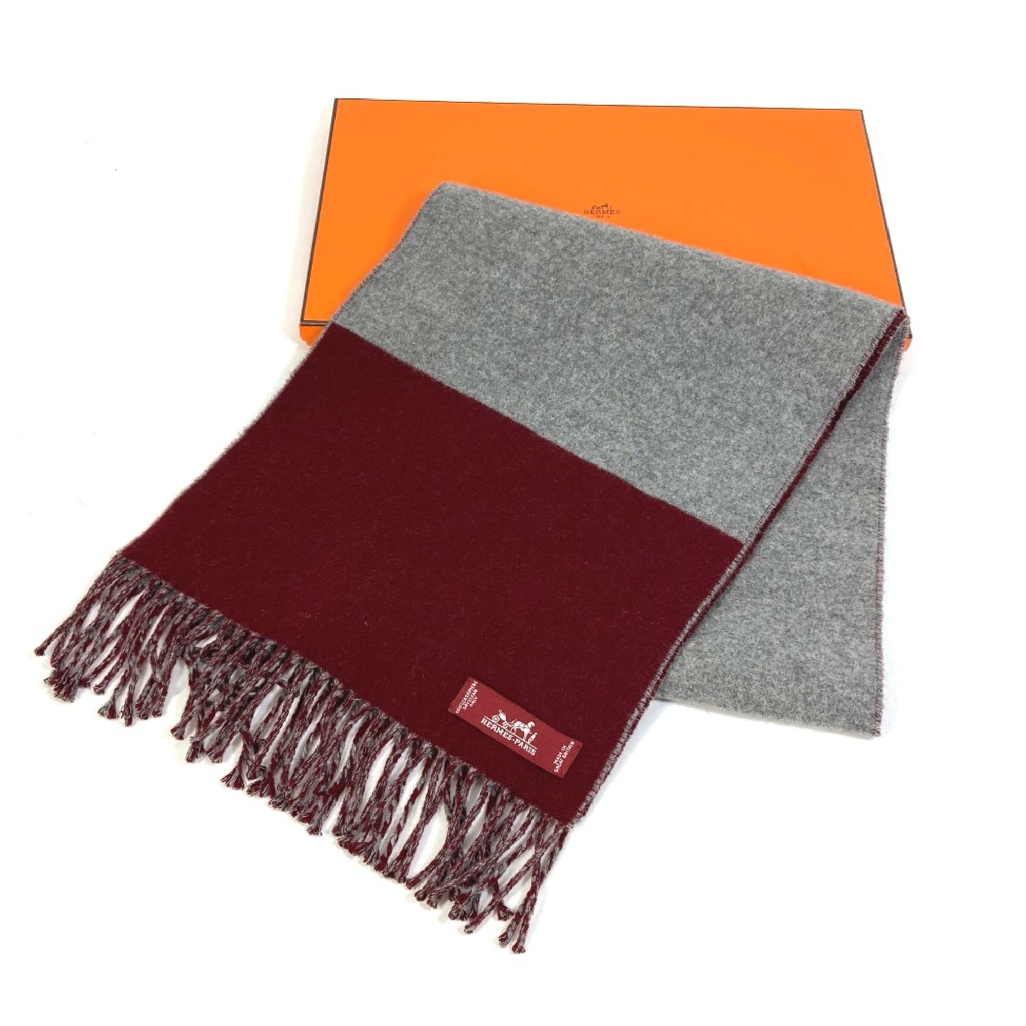 Hermes Kazak fringe Bicolor Scarf Bordeaux x Gray