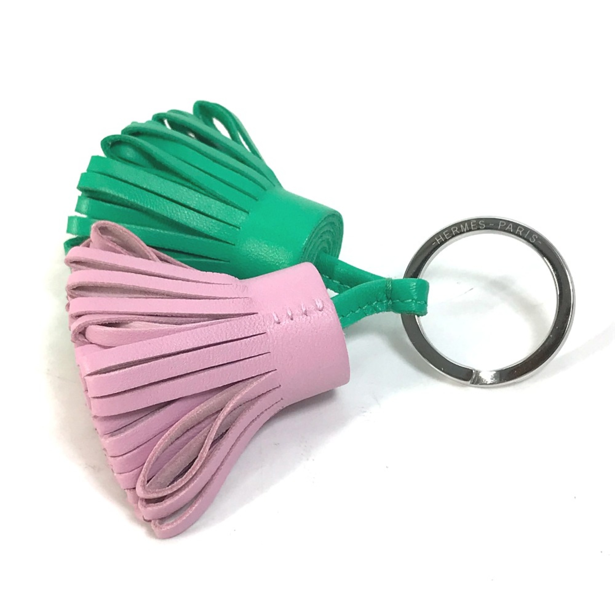 Hermes fringe Bag Charm Key Ring Key Holder Green x pink