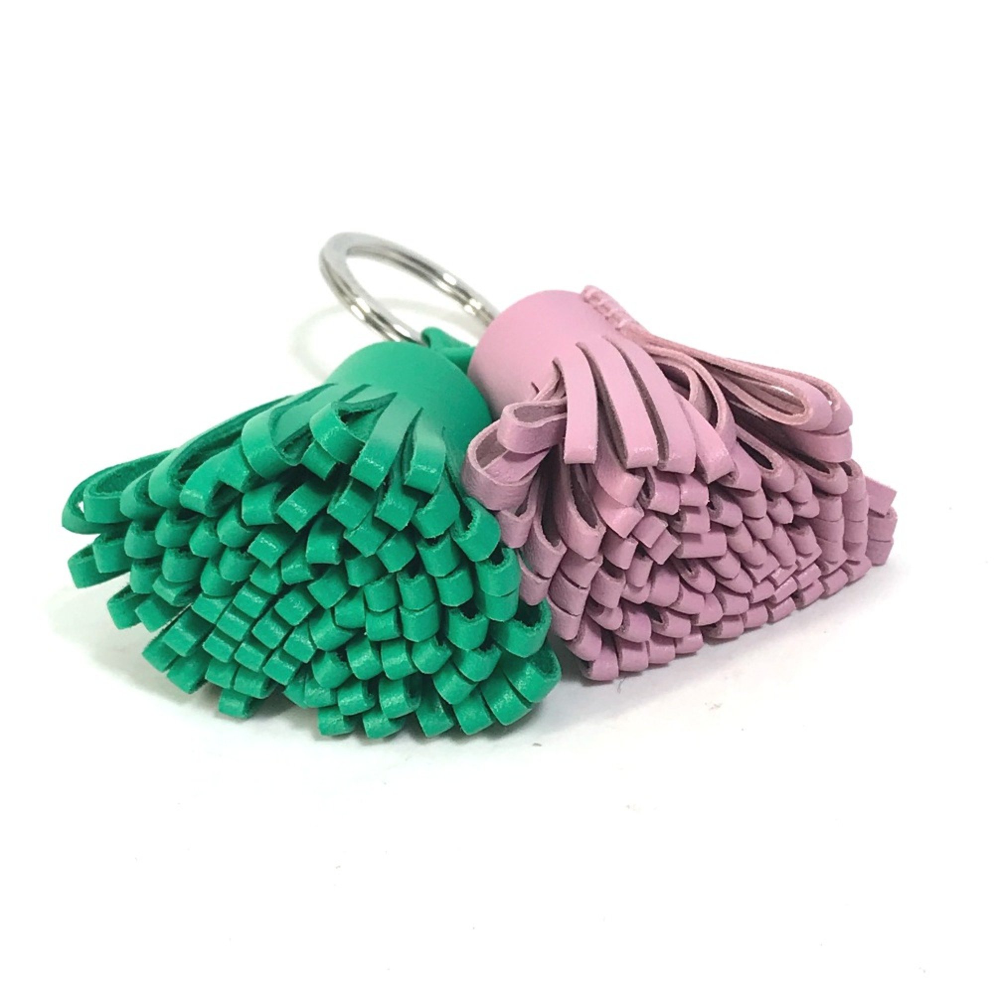 Hermes fringe Bag Charm Key Ring Key Holder Green x pink