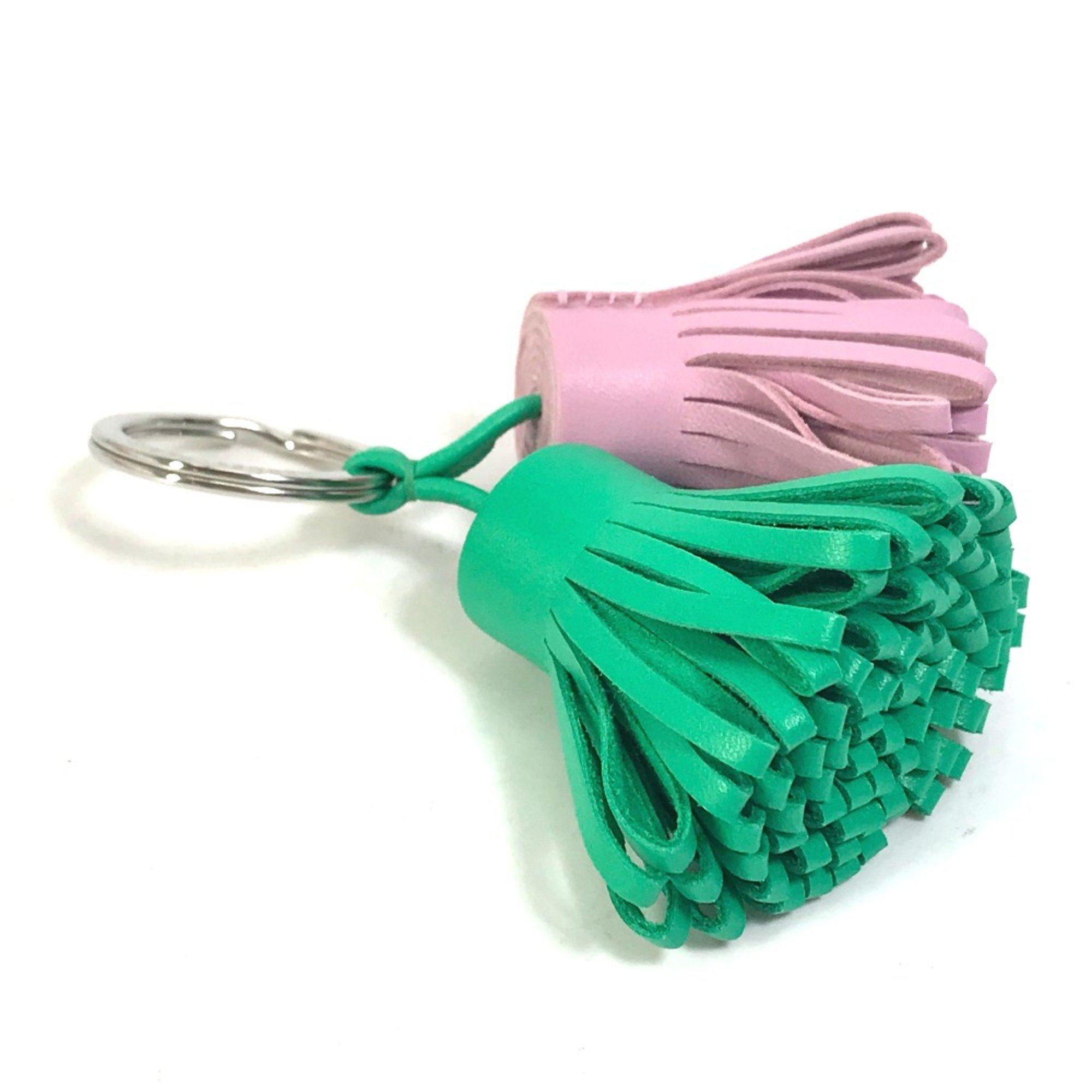 Hermes fringe Bag Charm Key Ring Key Holder Green x pink