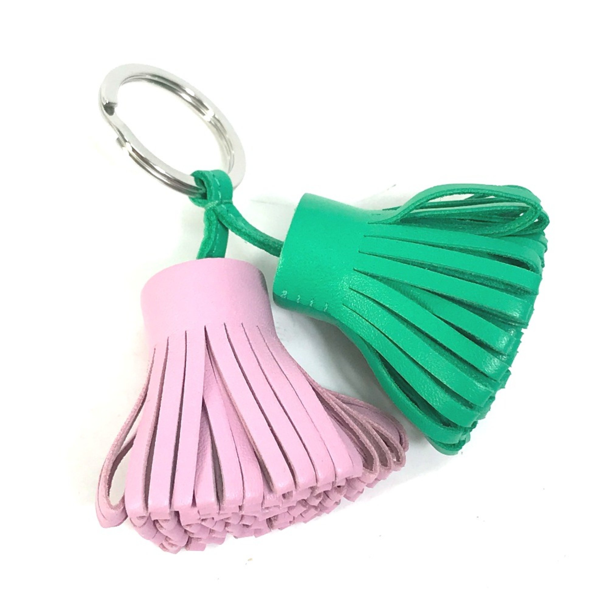 Hermes fringe Bag Charm Key Ring Key Holder Green x pink