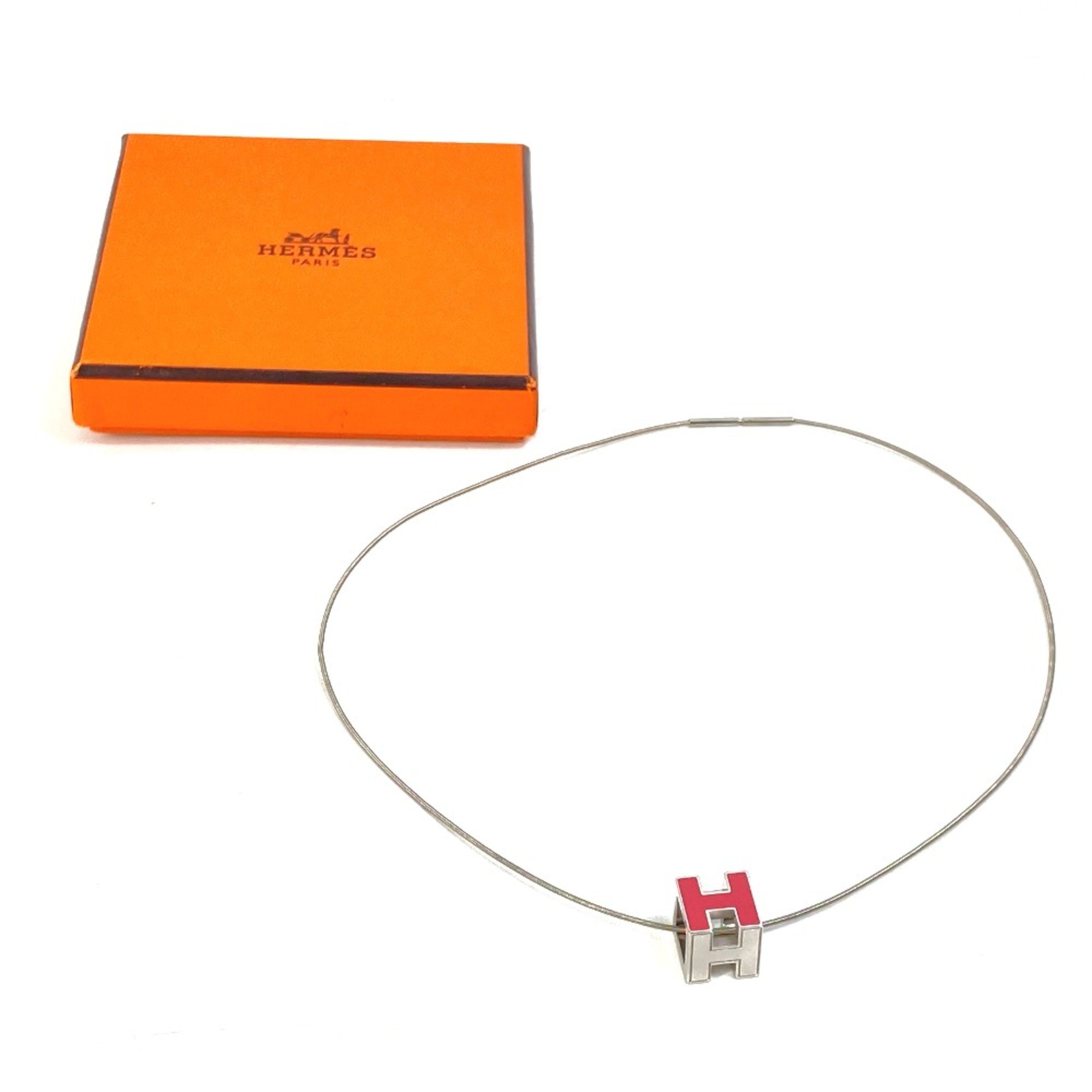 Hermes H cube Pendant accessories Necklace Silver pink