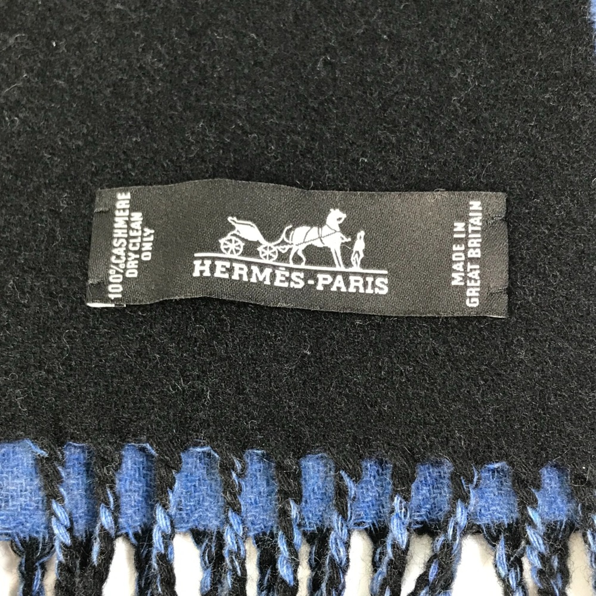 Hermes Bicolor fringe Scarf blue Black