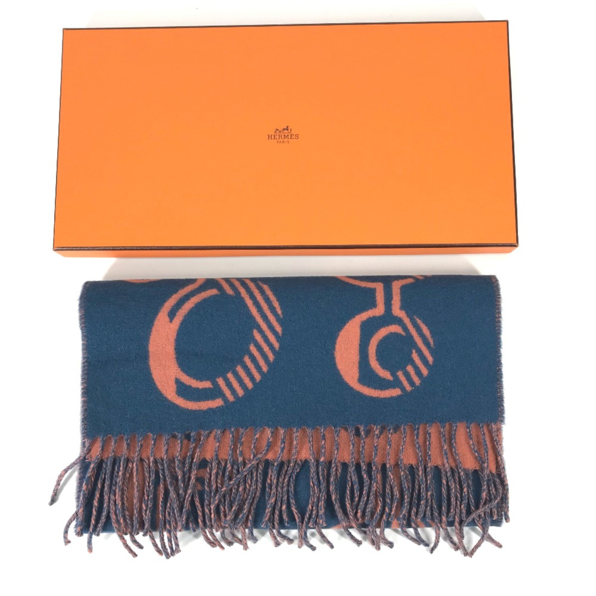 Hermes fringe fringe Scarf Blue x salmon pink