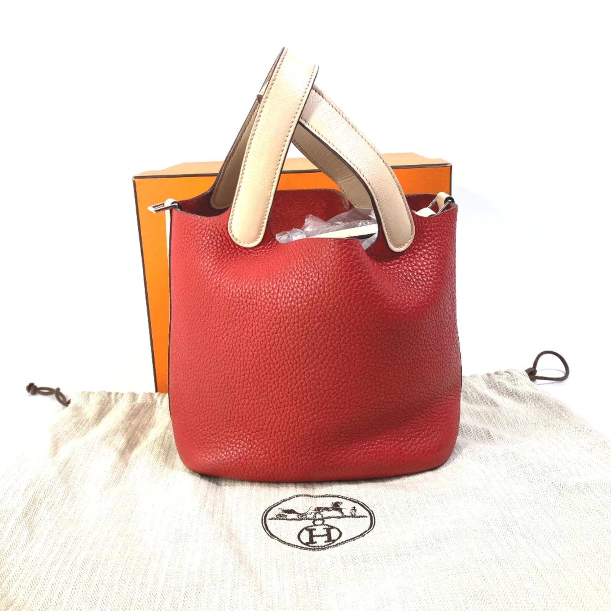 Hermes Bicolor Tote Bag Hand Bag Rouge Tomato Rose Eglantine Red