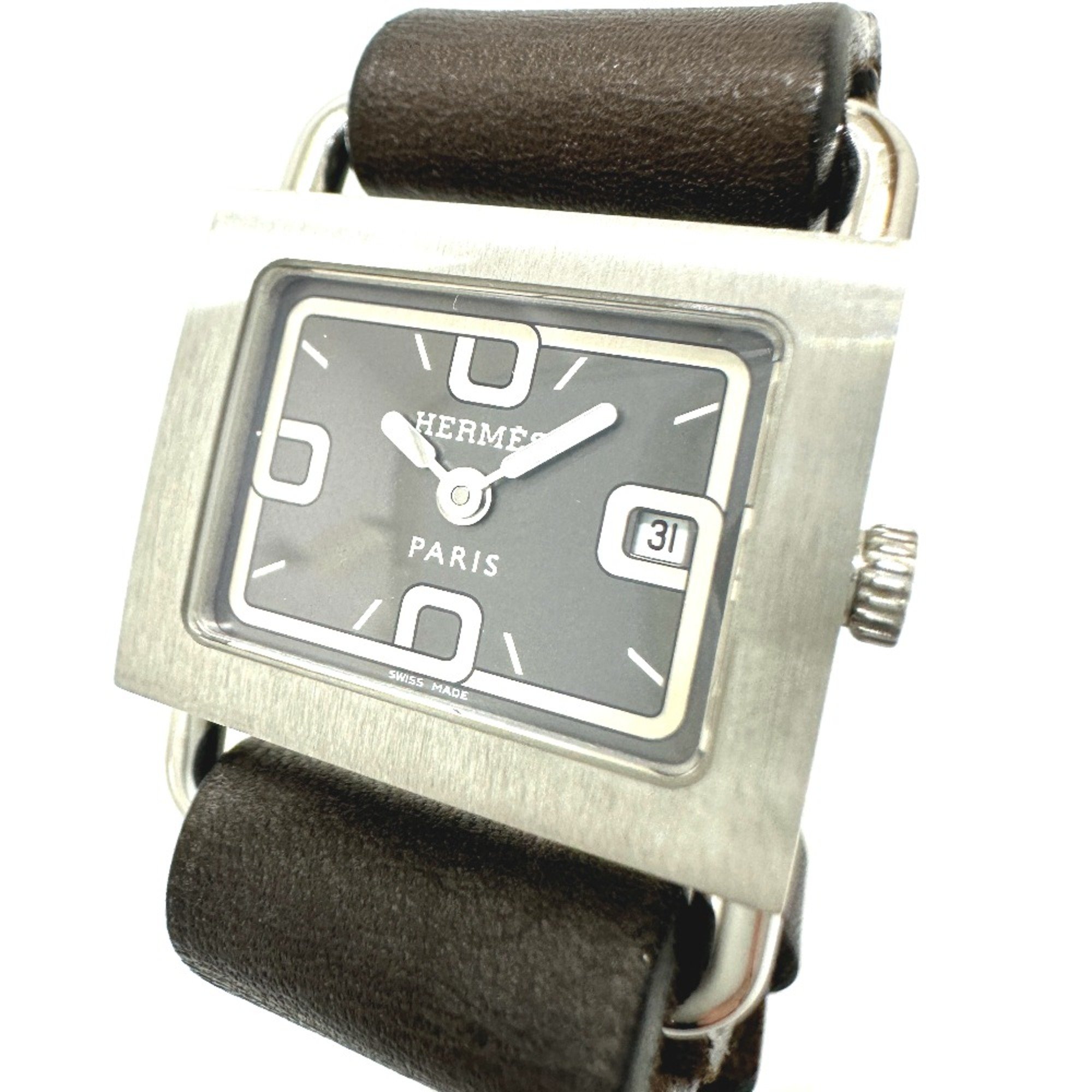 Hermes BA1.210 Quartz date Wristwatch Silver Black belt