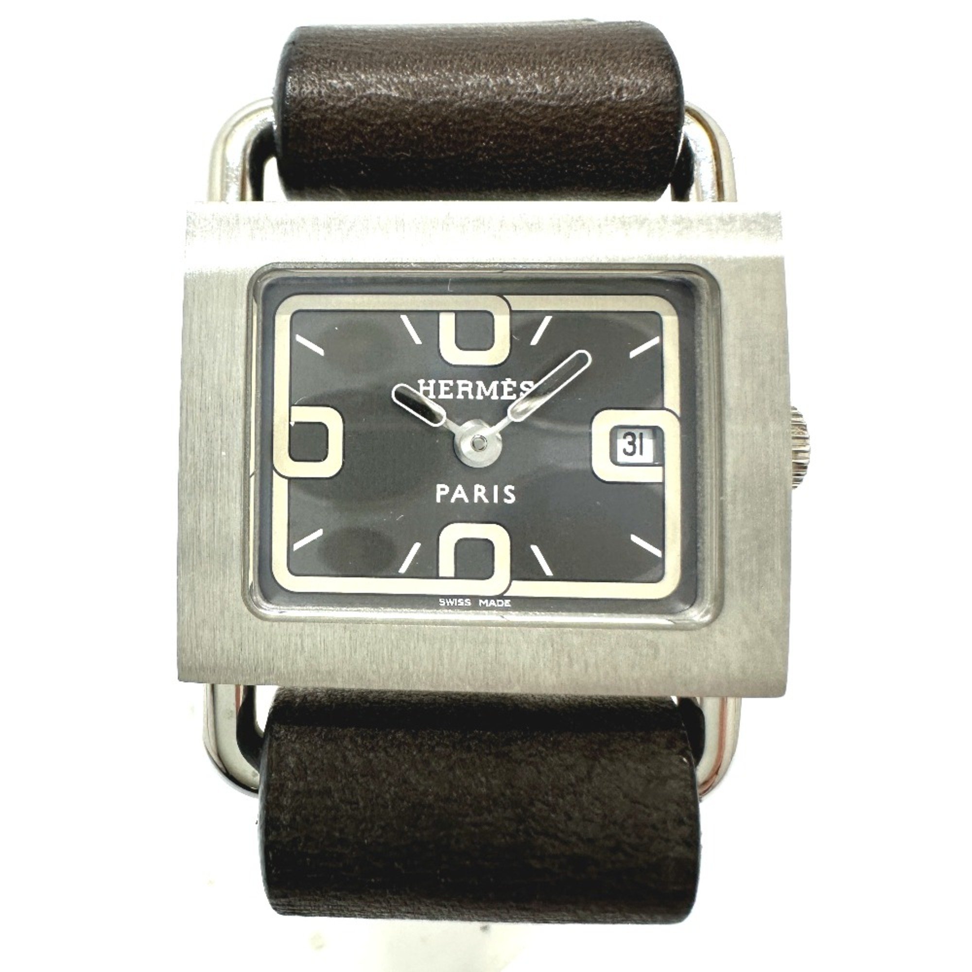 Hermes BA1.210 Quartz date Wristwatch Silver Black belt