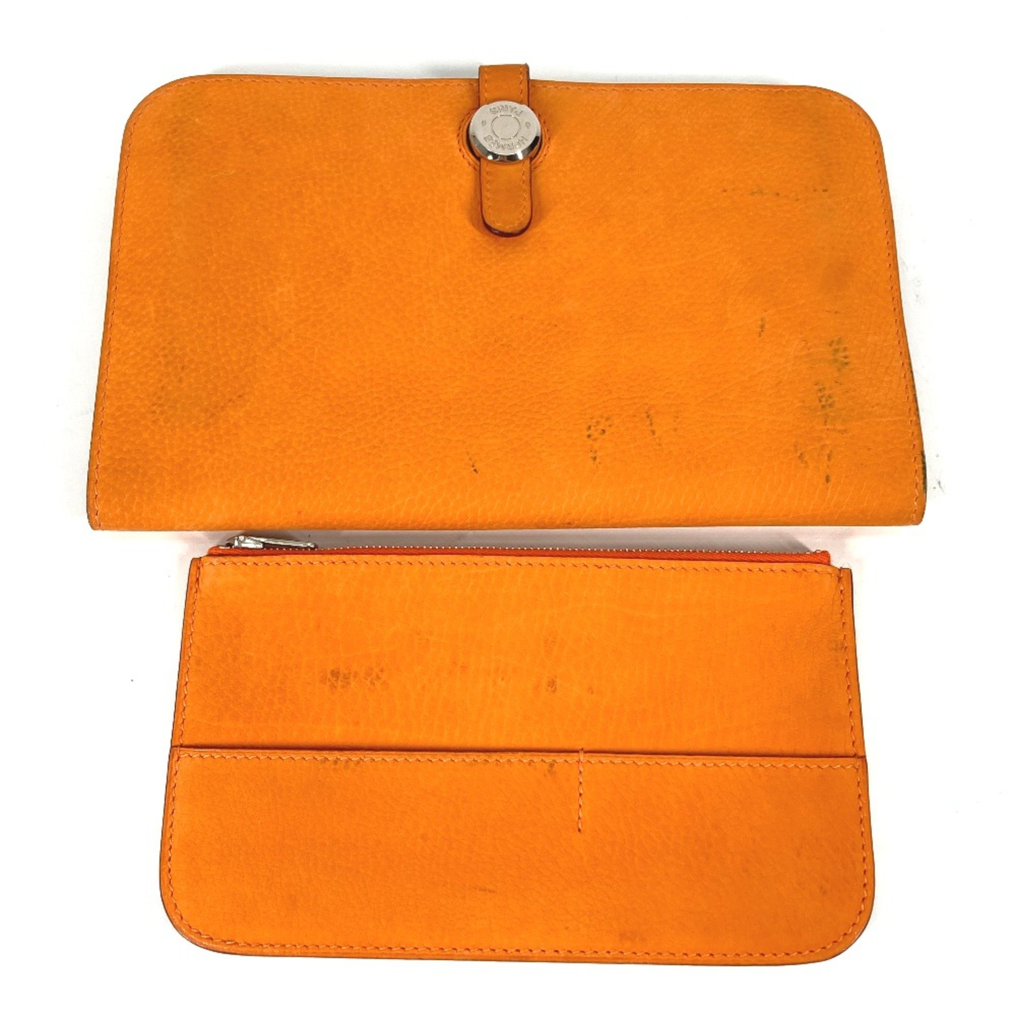 Hermes Long wallet Coin Compartment with coin purse Long Wallet Orange SilverHardware