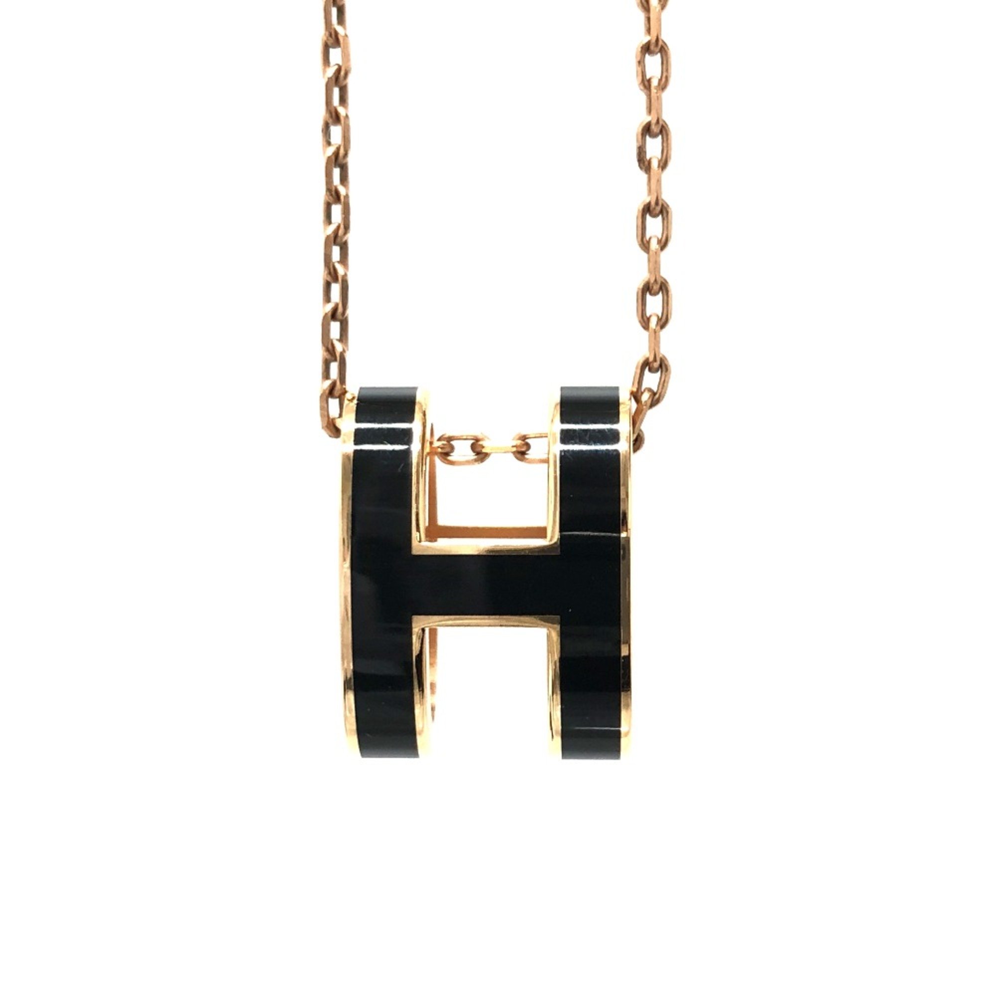 Hermes H logo Pendant Necklace Black Pink Gold