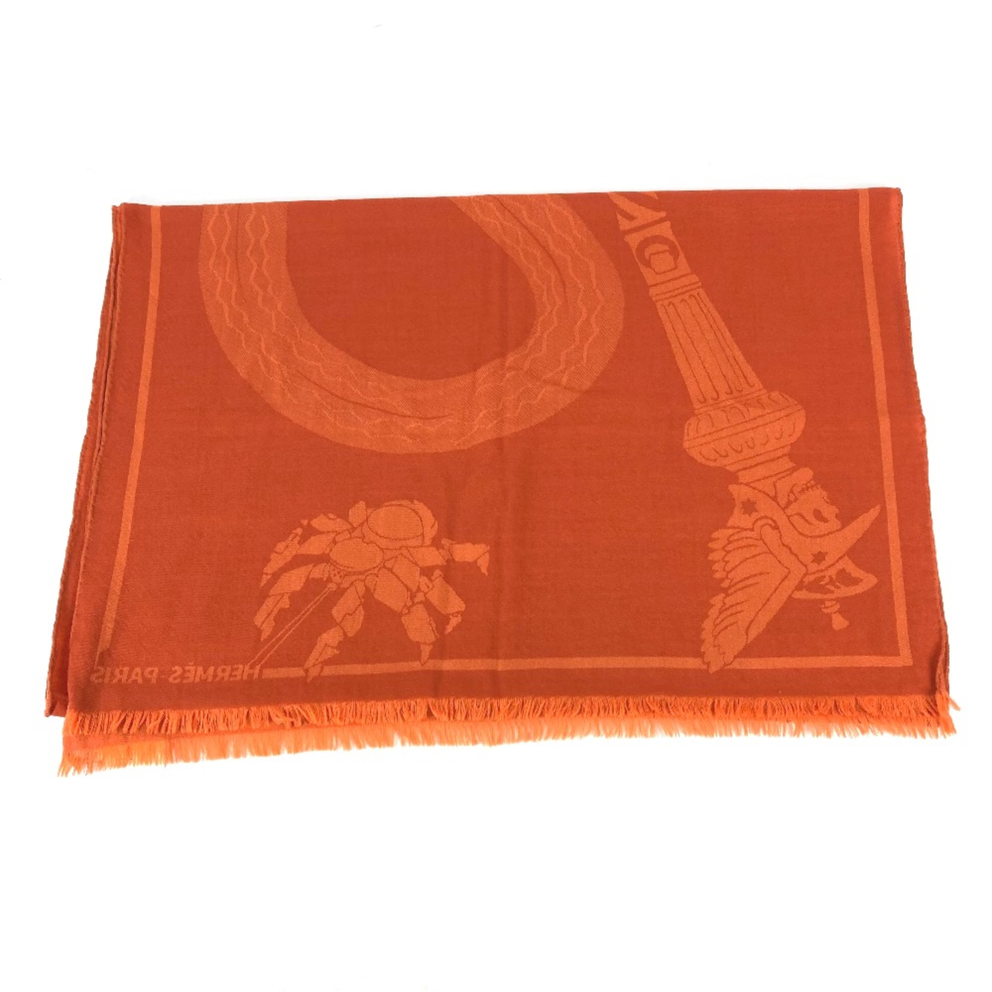 Hermes Horse pattern Cheval shawl muffler fringe Stole/Shawl Orange