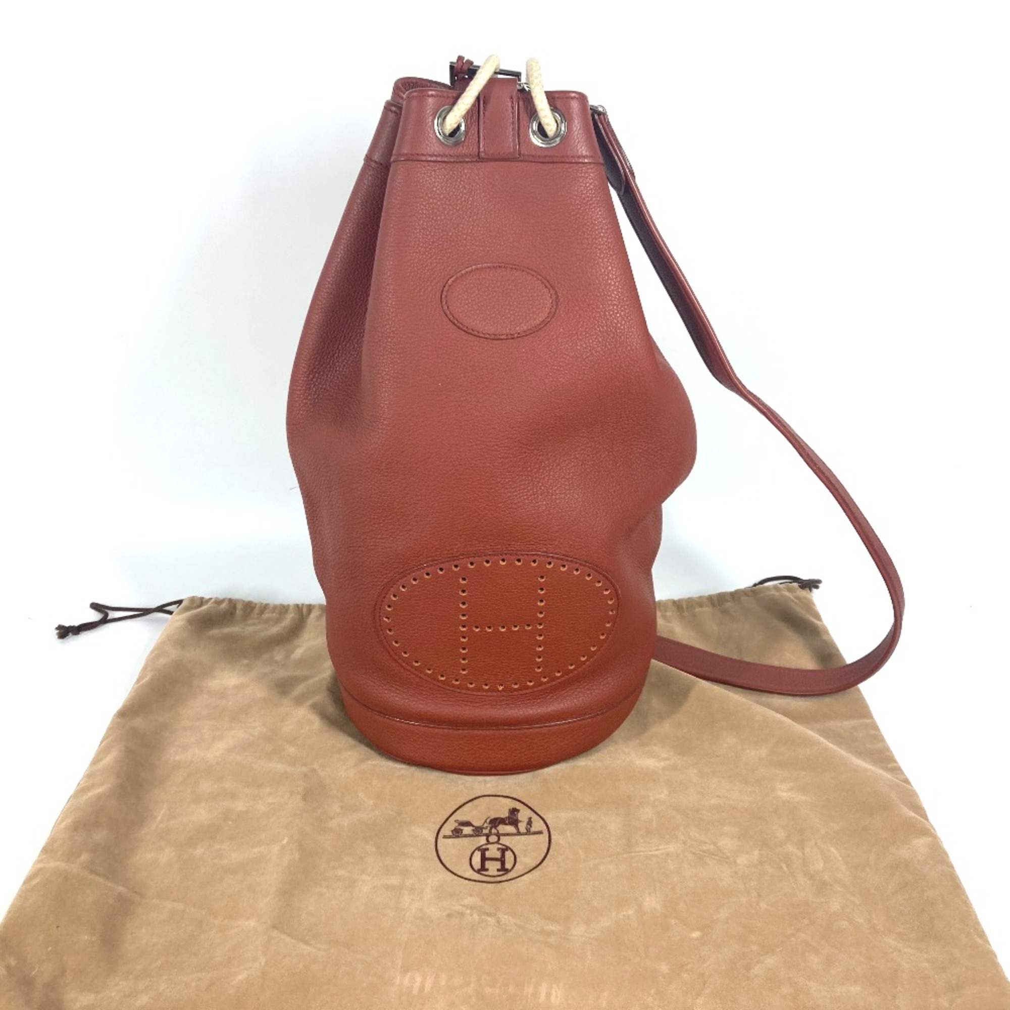 Hermes H logo Drawstring Duffle Bag One Shoulder Shoulder Bag Rouge Brown