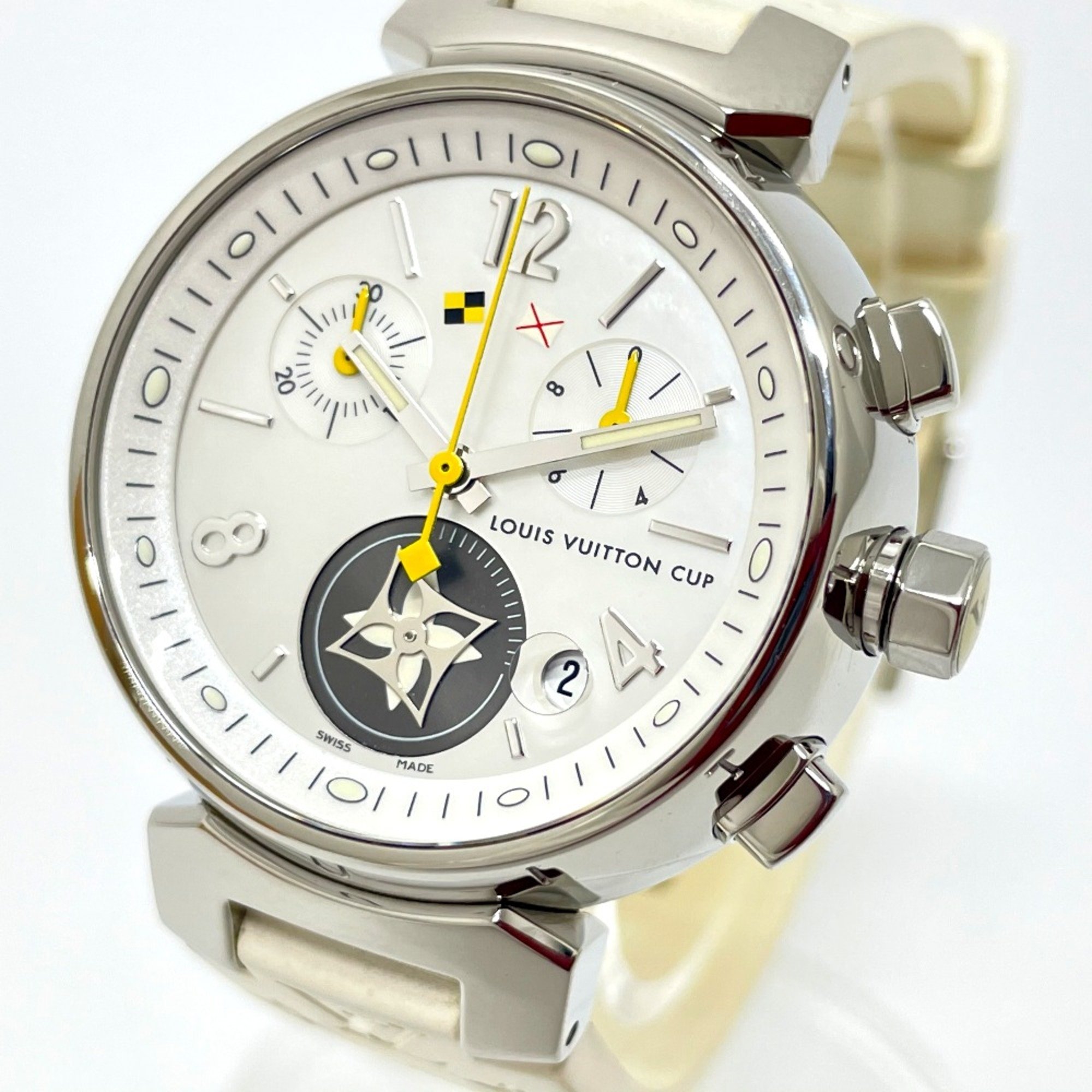 Louis Vuitton Q132C Chronograph Quartz Wristwatch Silver White belt