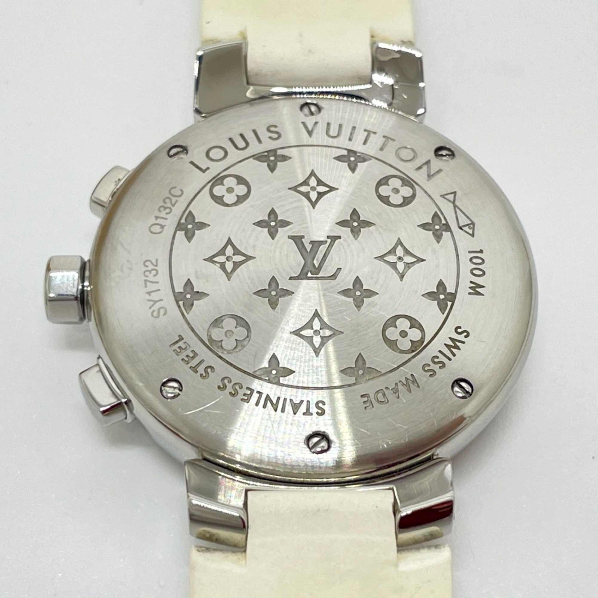 Louis Vuitton Q132C Chronograph Quartz Wristwatch Silver White belt