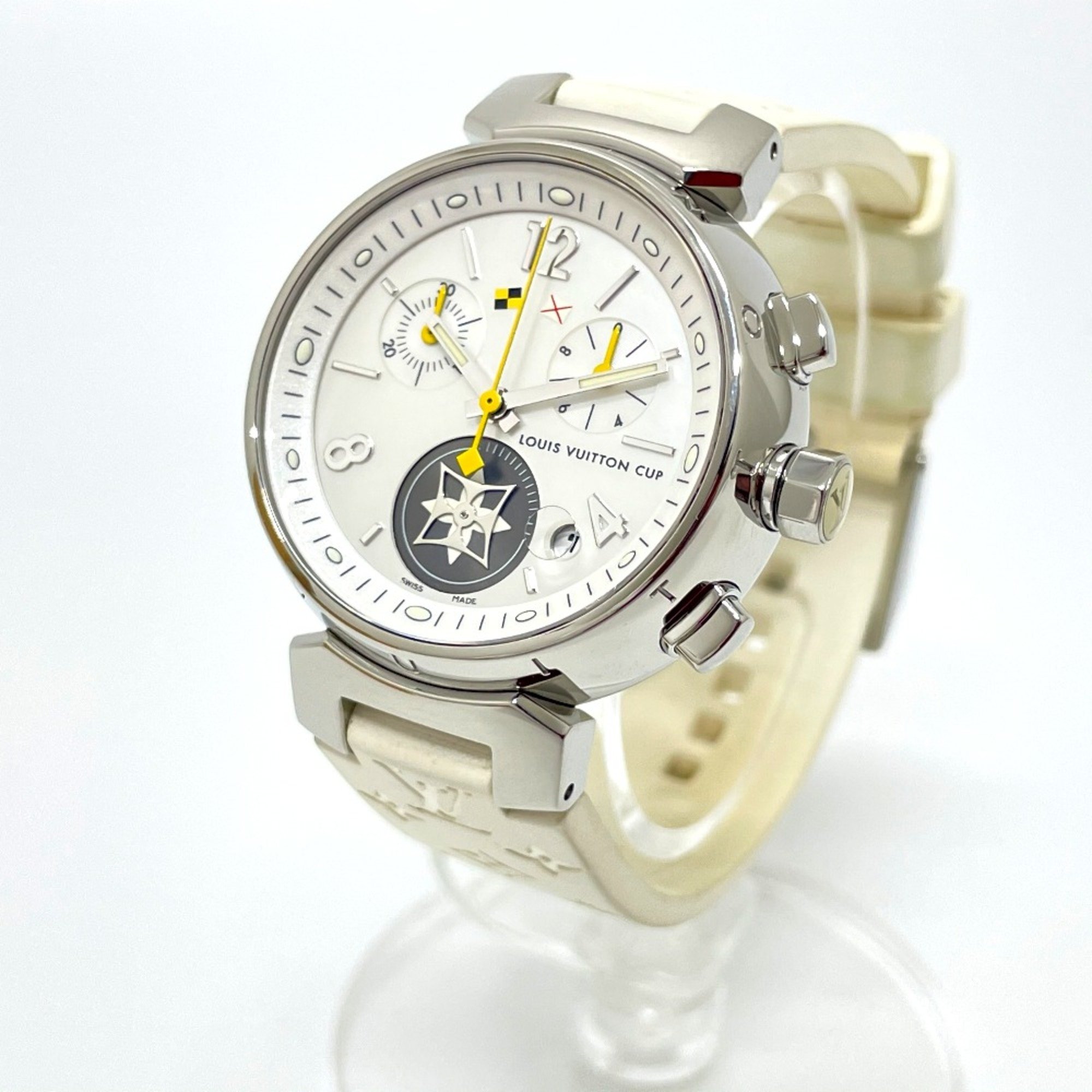 Louis Vuitton Q132C Chronograph Quartz Wristwatch Silver White belt