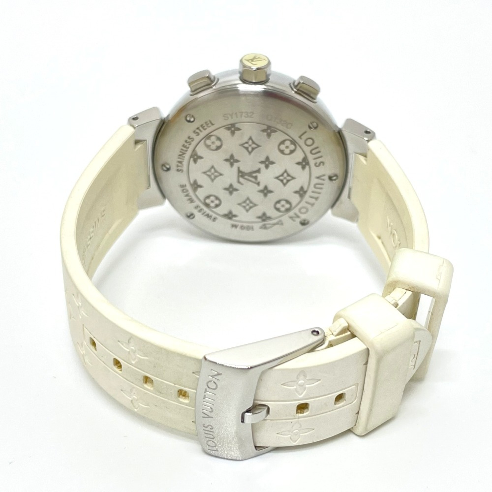 Louis Vuitton Q132C Chronograph Quartz Wristwatch Silver White belt