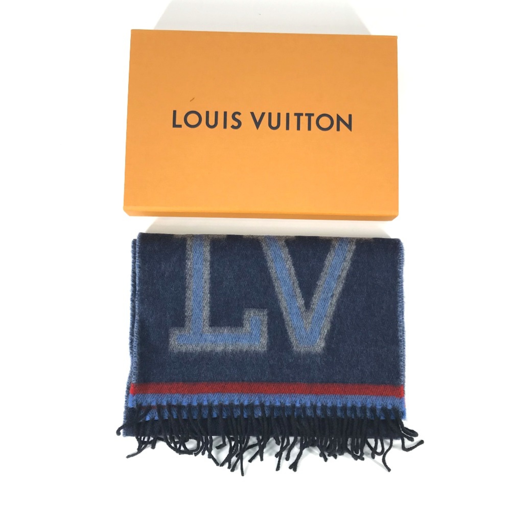 Louis Vuitton M71657 LV logo fringe Scarf Navy Red