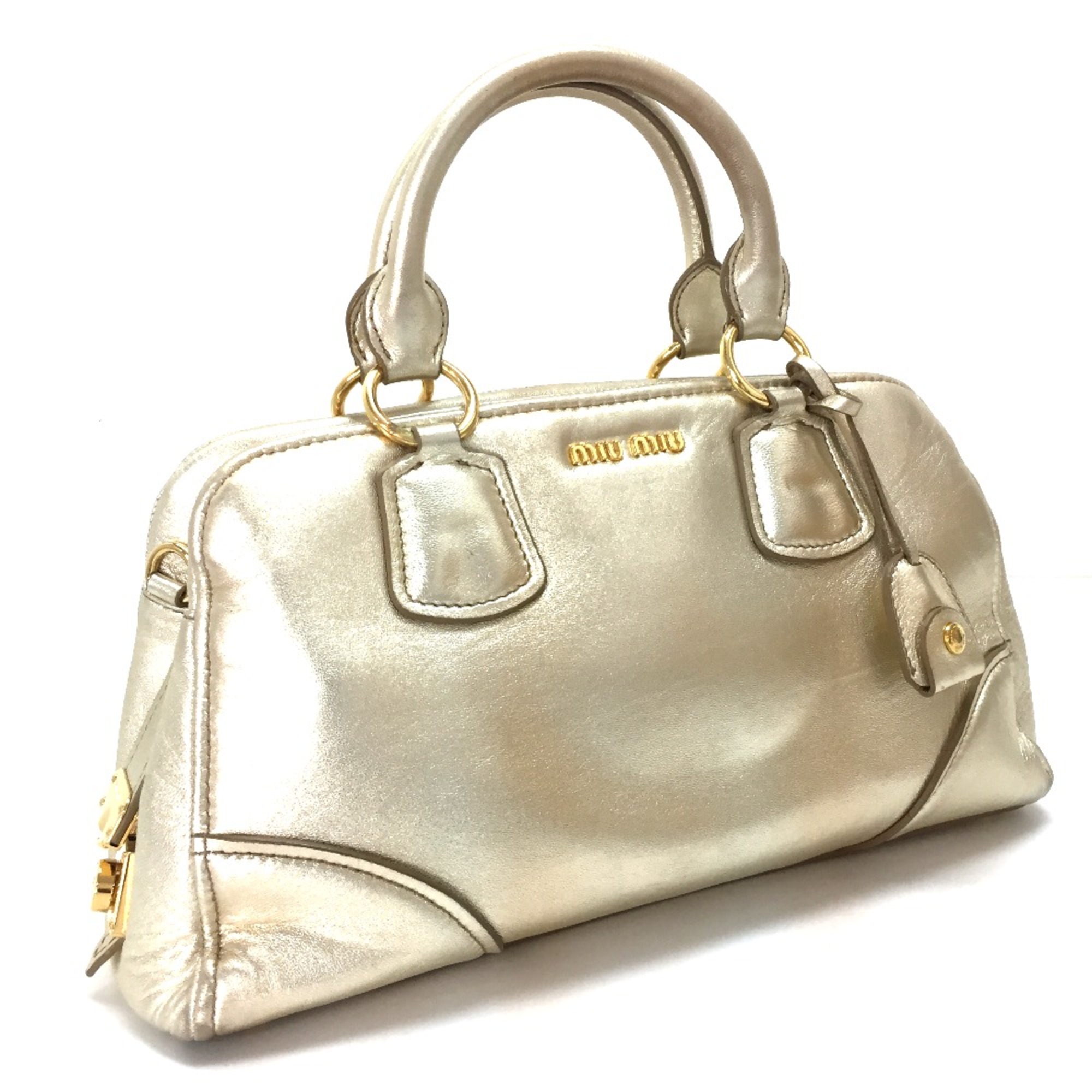 Miu Miu logo Bag Mini Boston Tote Bag Hand Bag Champagne Gold