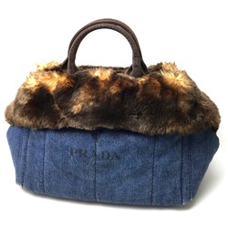 PRADA BN2182 Fur with bag Bag Hand Bag Tote Bag blue blue Brown