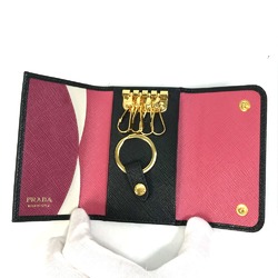 PRADA 1PG004 Logo Multicolore 4-Ring Key Case Black x pink