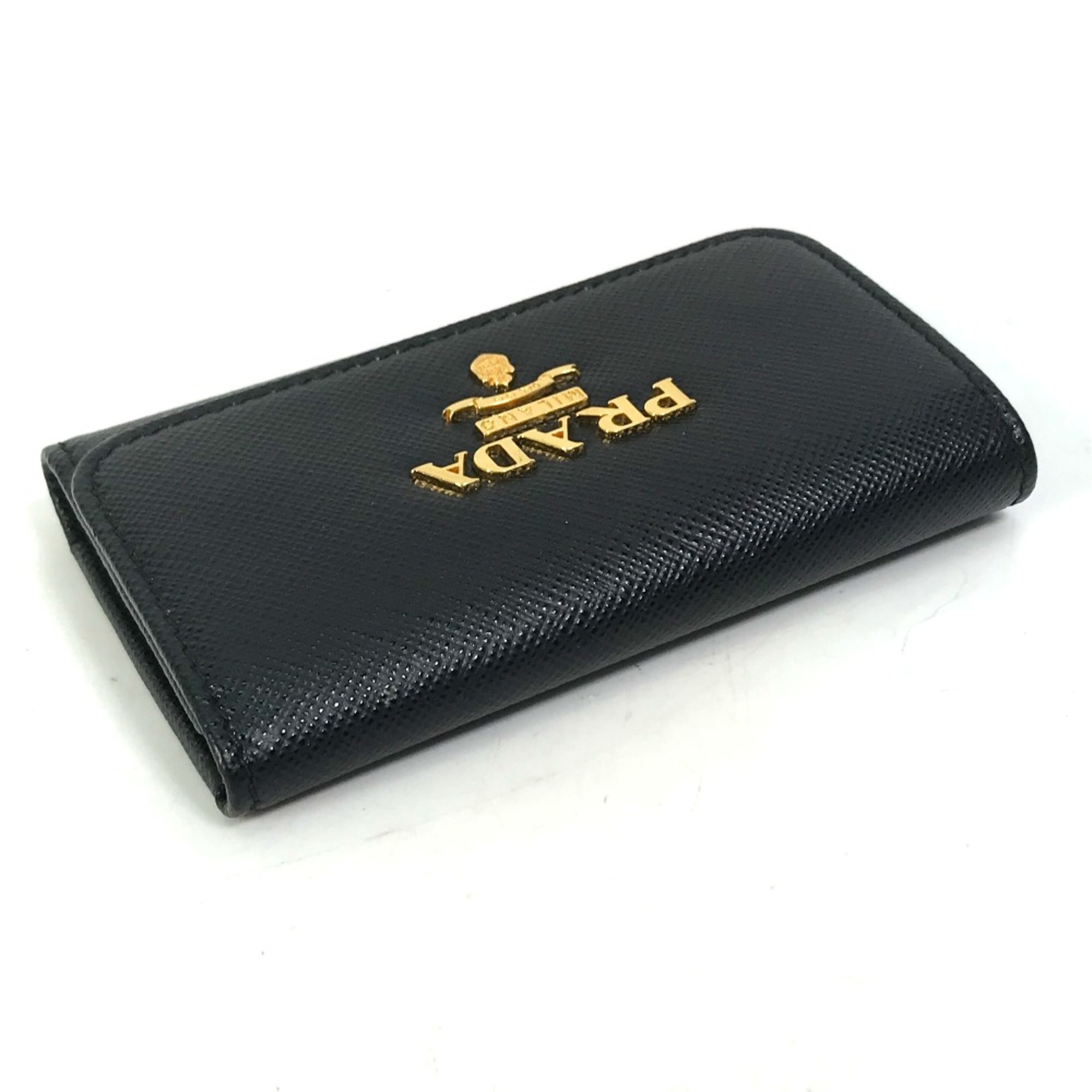 PRADA 1PG004 Logo Multicolore 4-Ring Key Case Black x pink