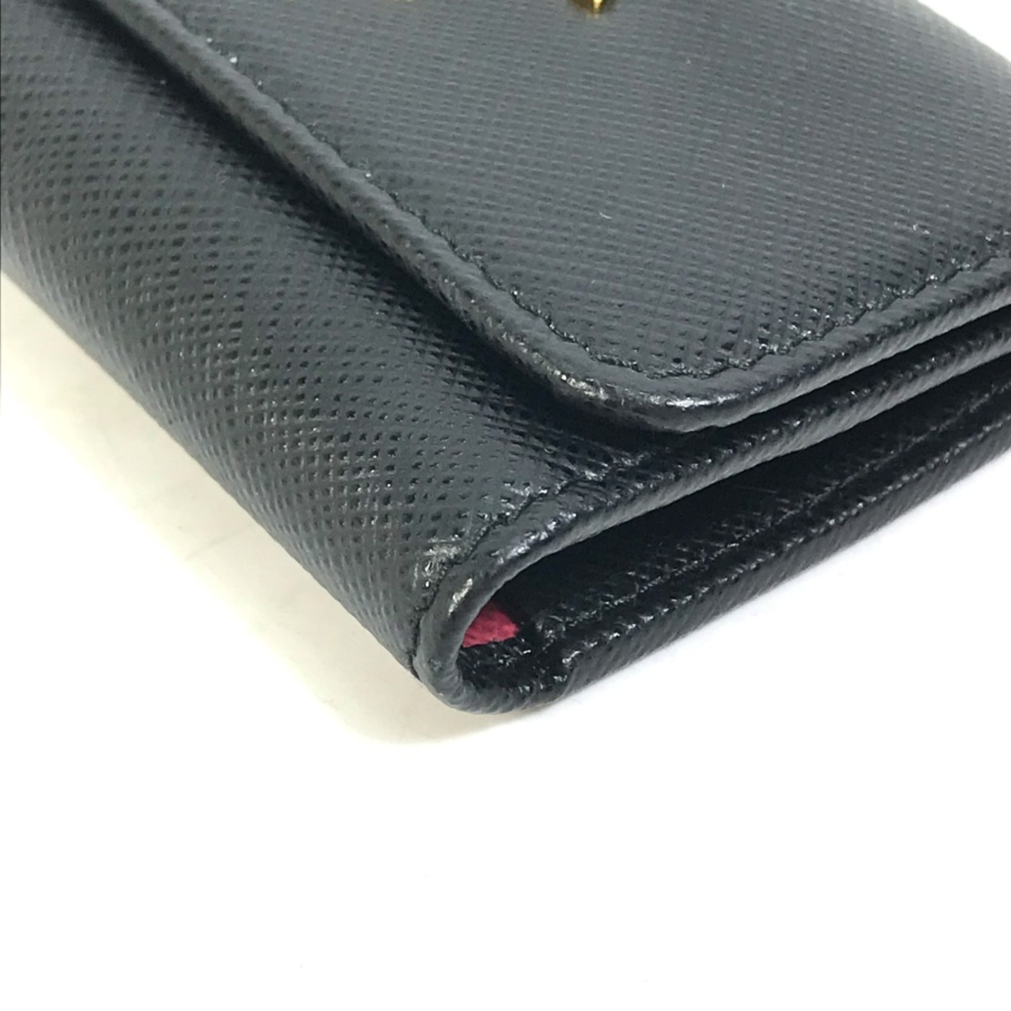 PRADA 1PG004 Logo Multicolore 4-Ring Key Case Black x pink