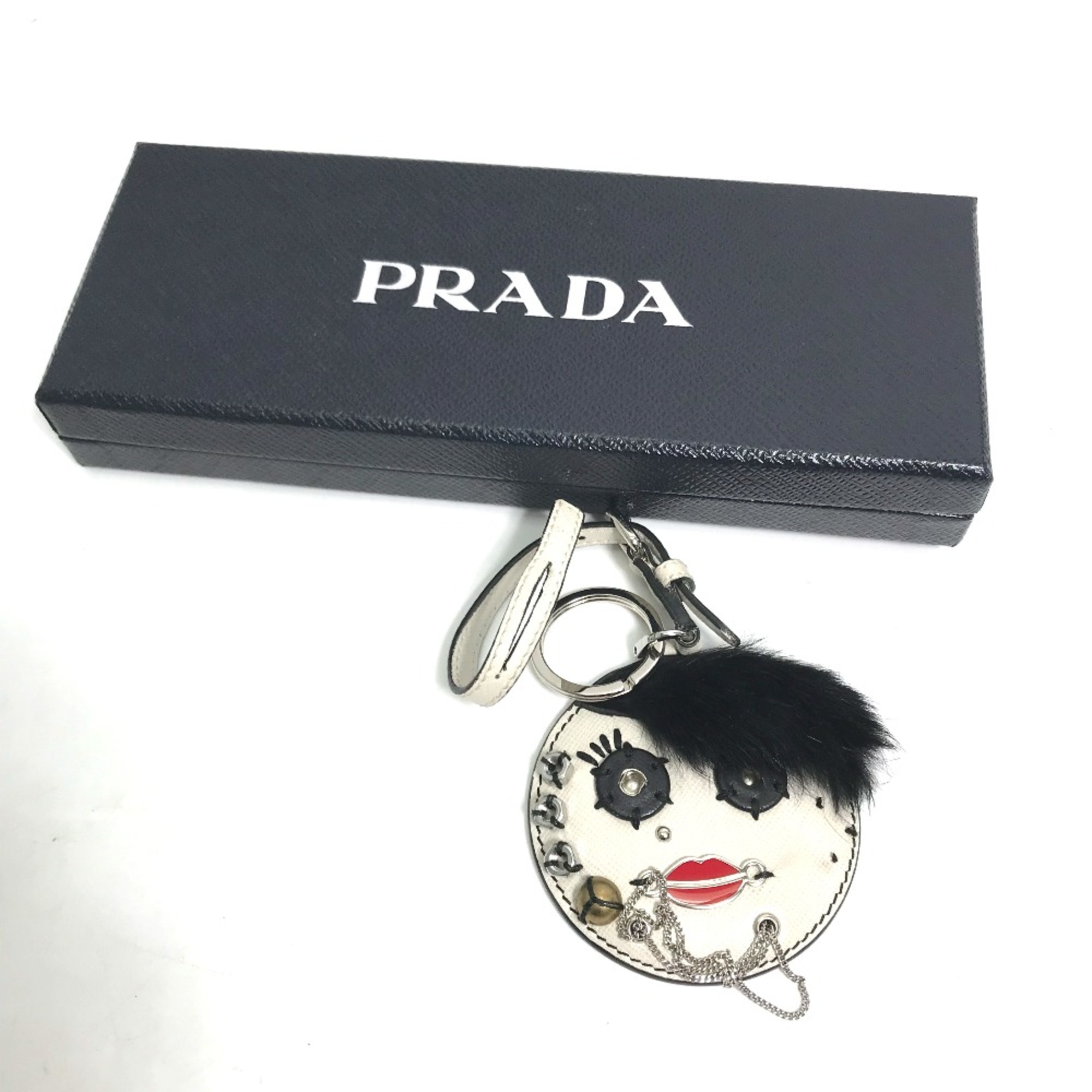 PRADA Chain Bag Charm Key Holder White Black