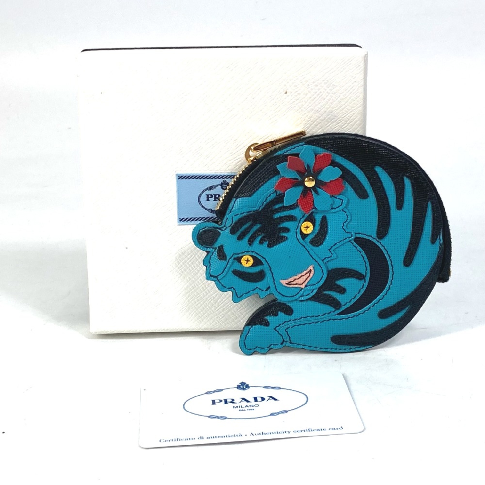 PRADA 1M1400 tiger tiger animal Coin Compartment Wallet coin purse blue