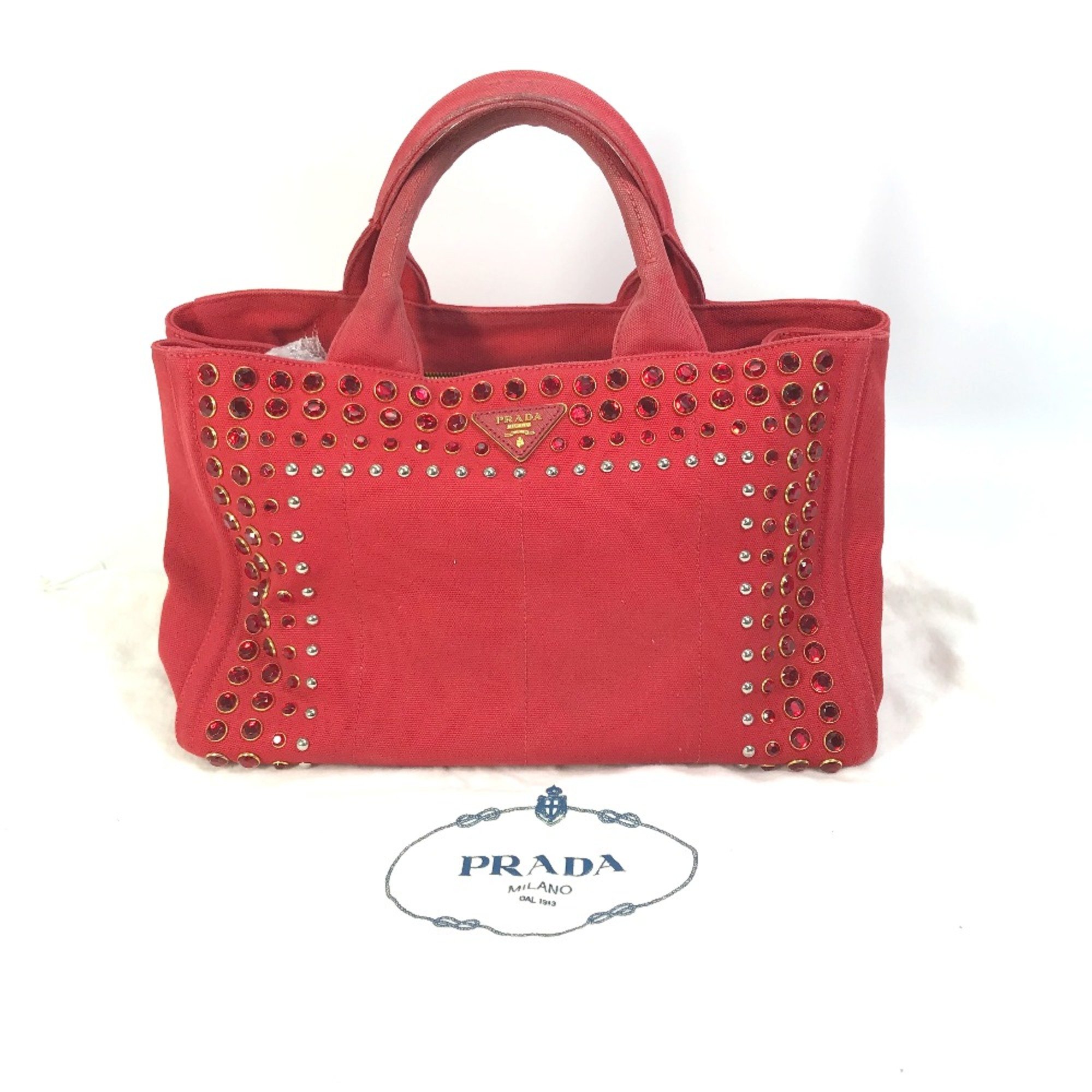 PRADA triangle logo triangle logo plate Hand Bag Tote Bag Red