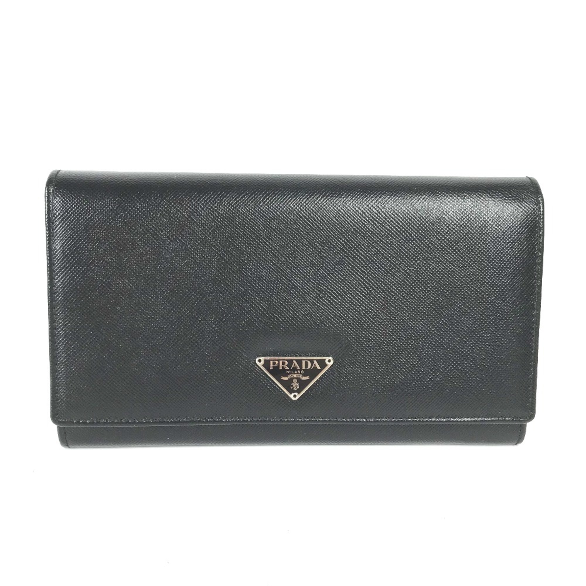 PRADA M608A triangle logo triangle logo plate Bifold Long Wallet Black