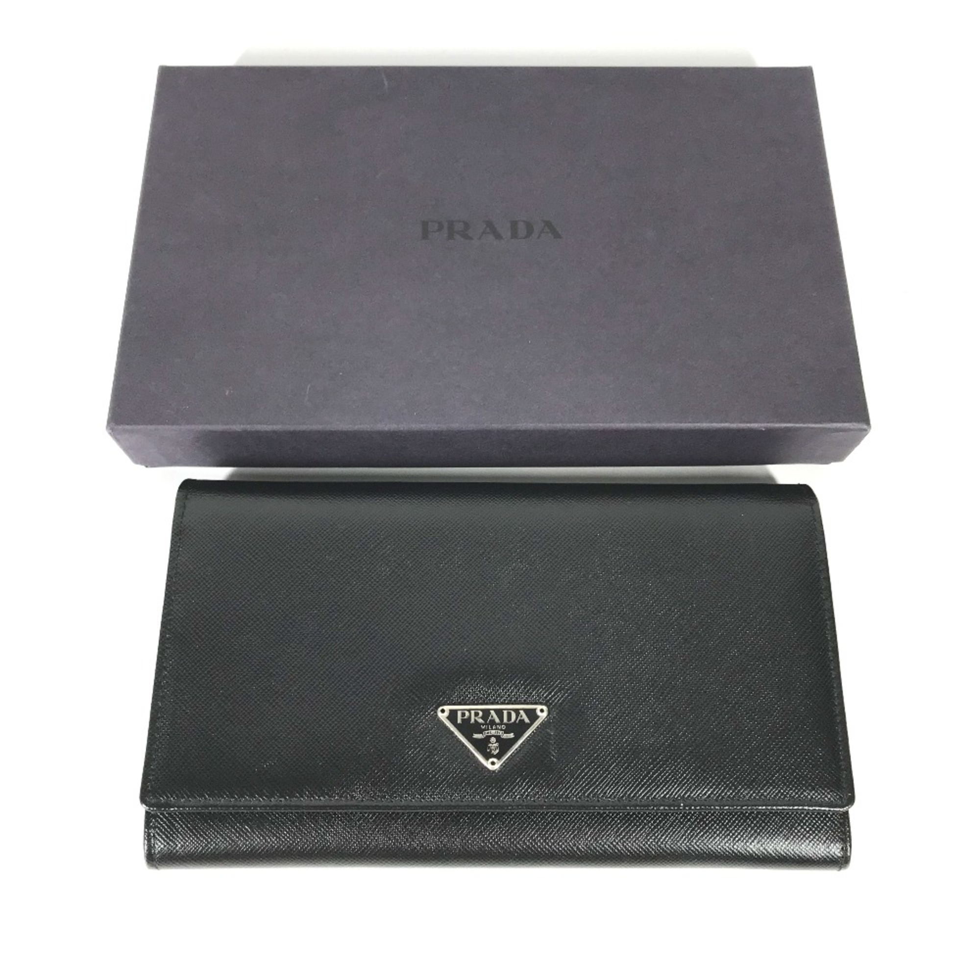 PRADA M608A triangle logo triangle logo plate Bifold Long Wallet Black