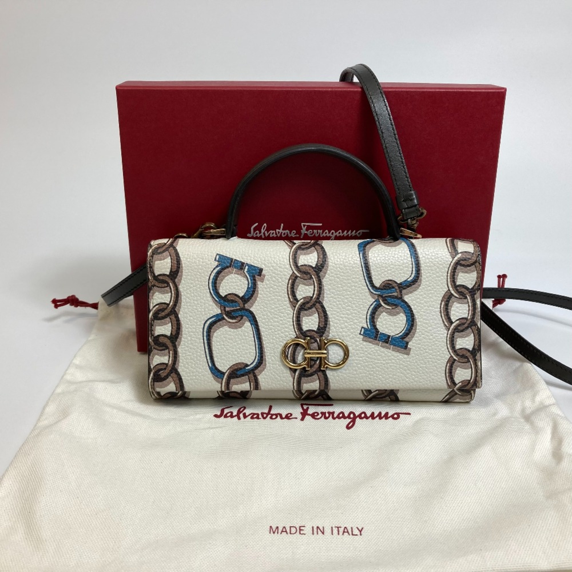 Salvatore Ferragamo 2WAY Shoulder Bag Hand Bag WhiteBased GoldHardware