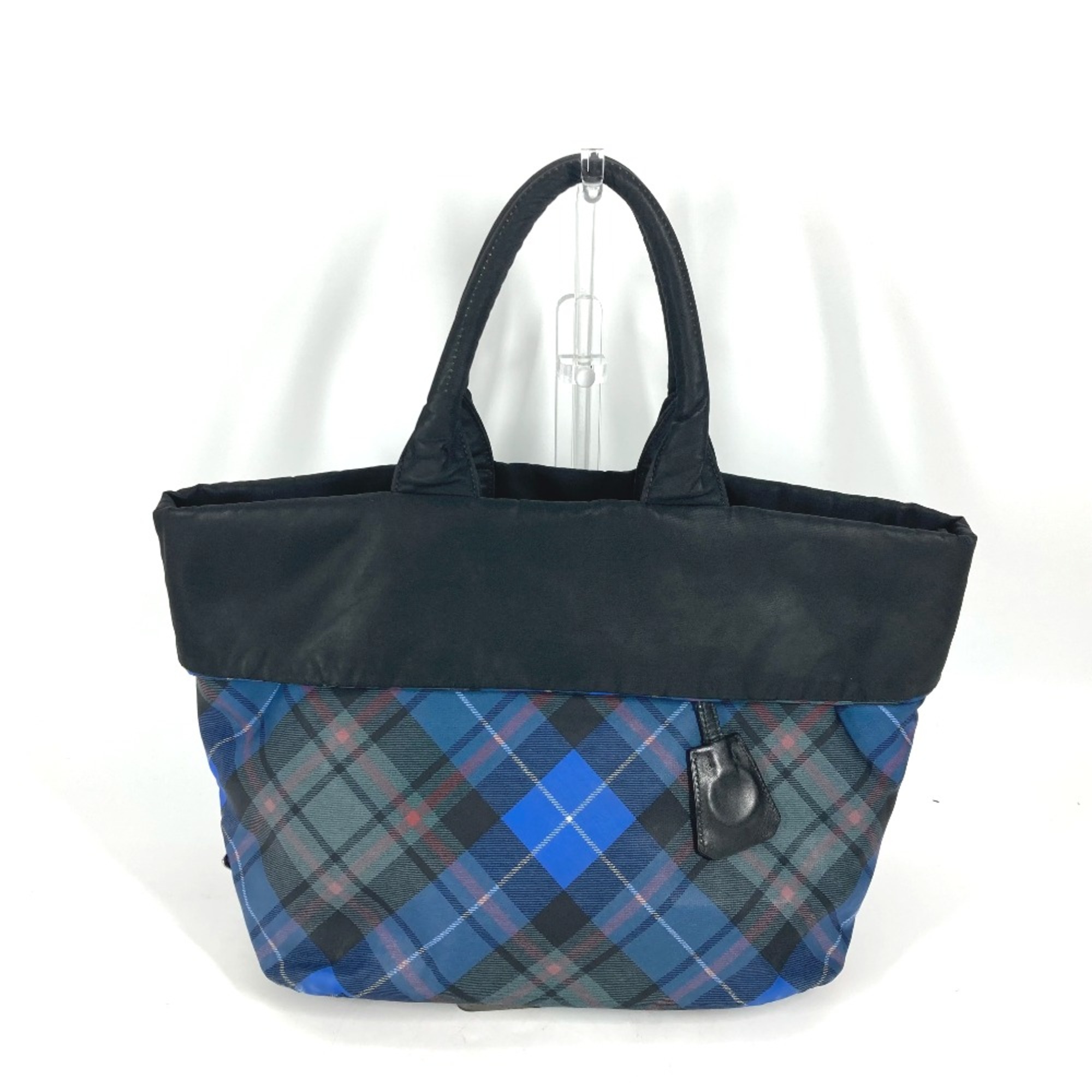 PRADA check Tote Bag Shoulder Bag Black Blue x Green