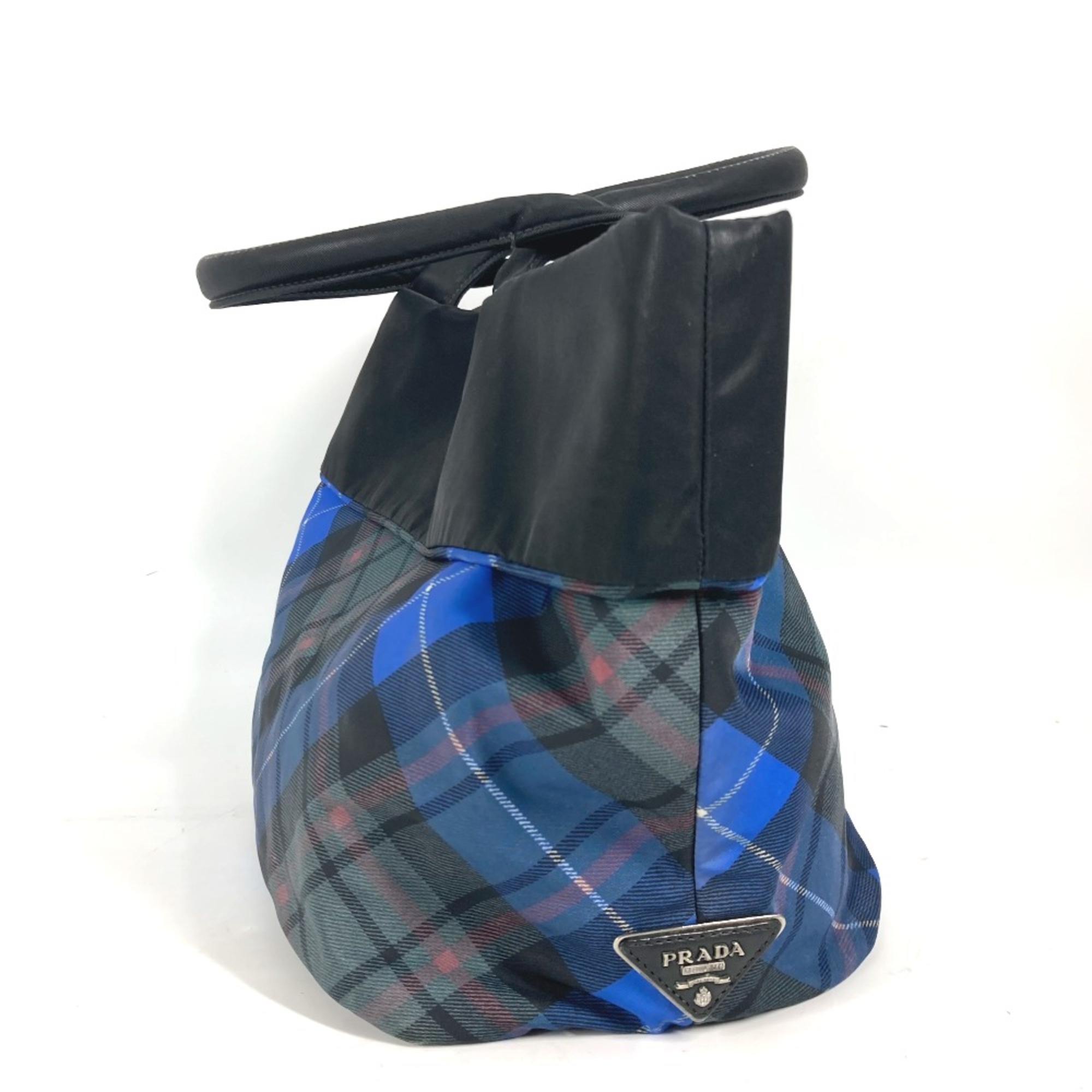 PRADA check Tote Bag Shoulder Bag Black Blue x Green