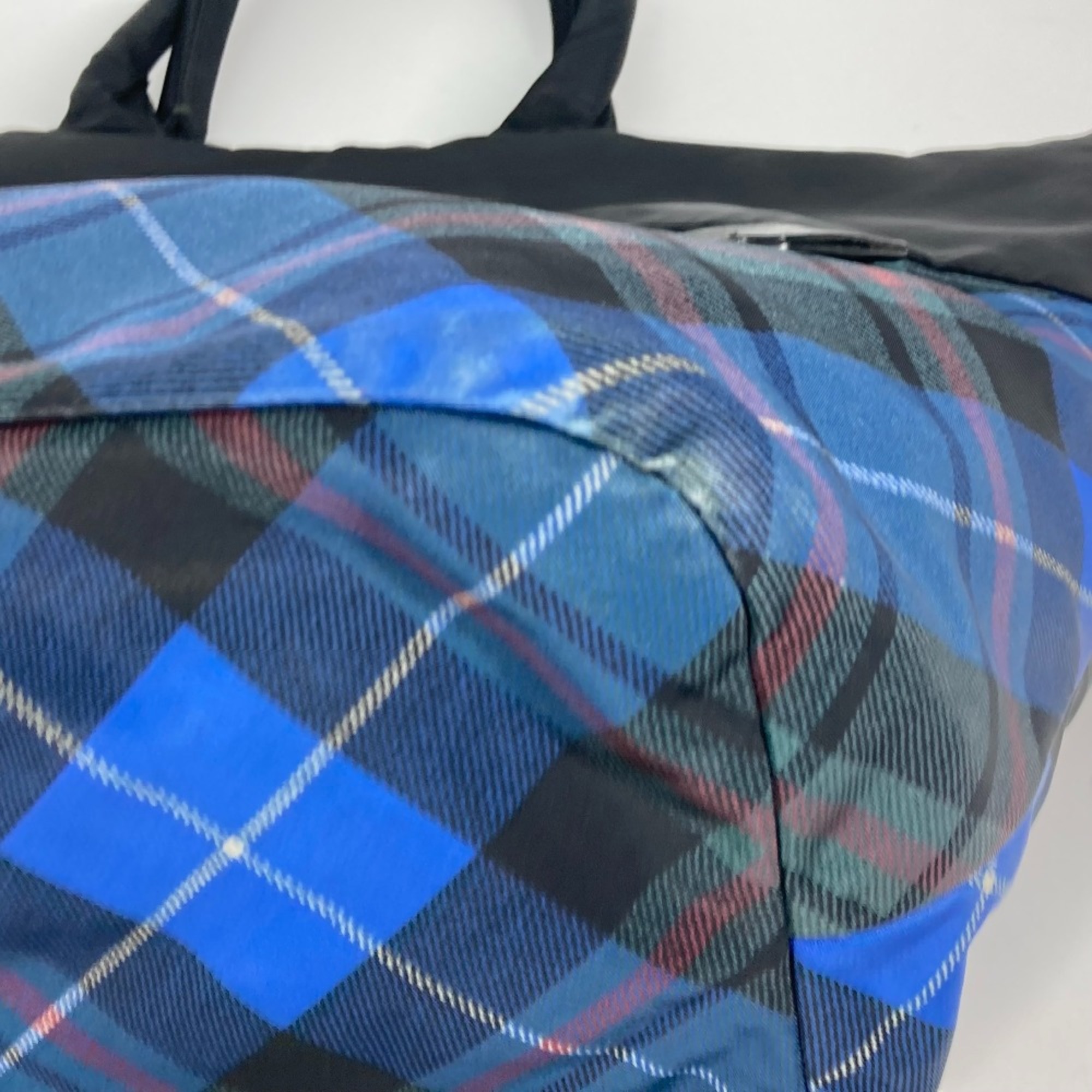 PRADA check Tote Bag Shoulder Bag Black Blue x Green