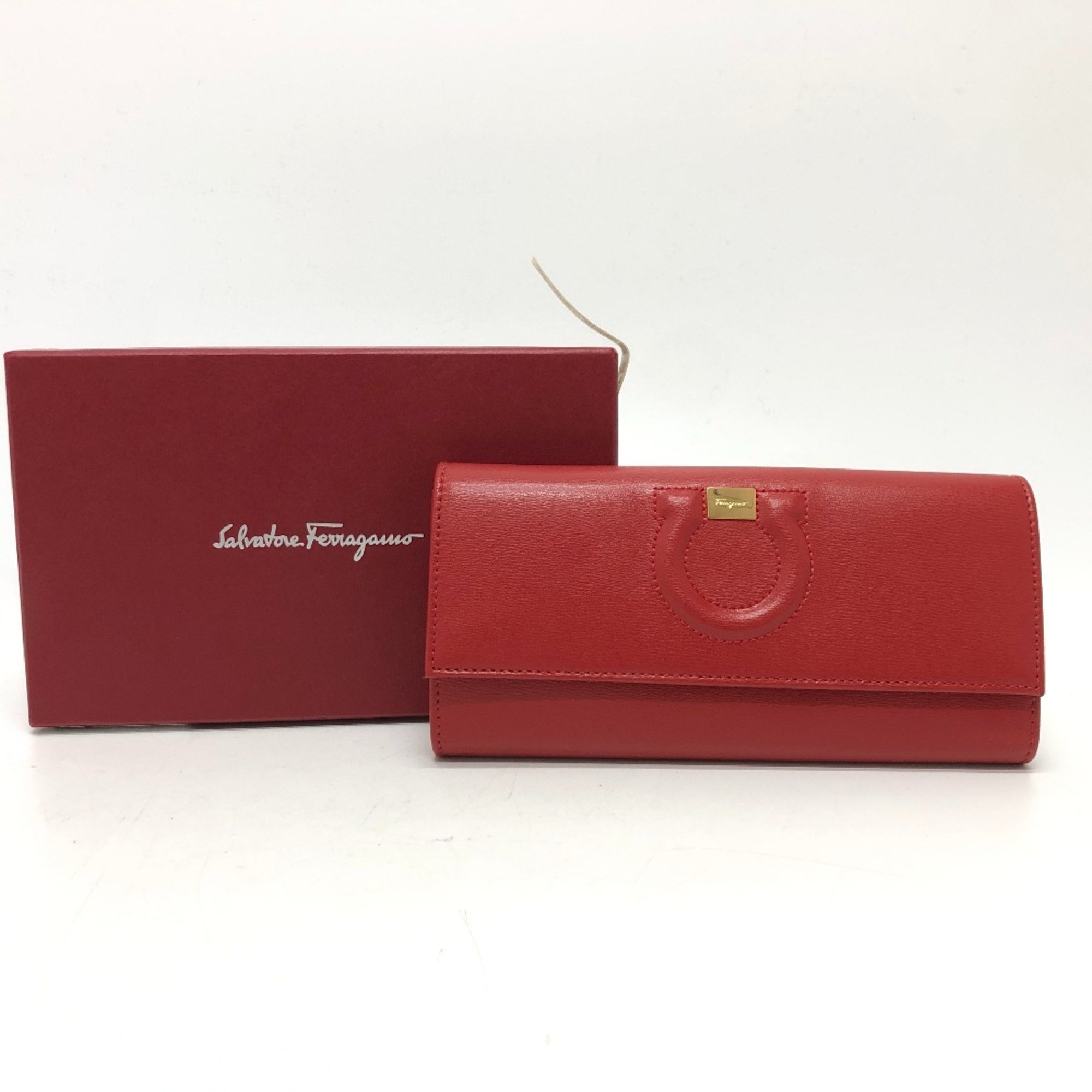 Salvatore Ferragamo Gancini Wallet Long Wallet Red Beige/GoldHardware