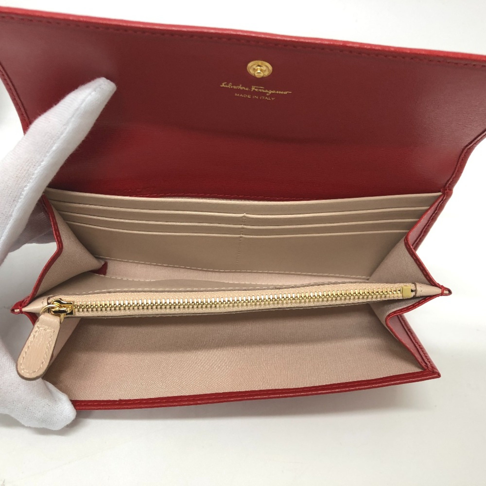 Salvatore Ferragamo Gancini Wallet Long Wallet Red Beige/GoldHardware