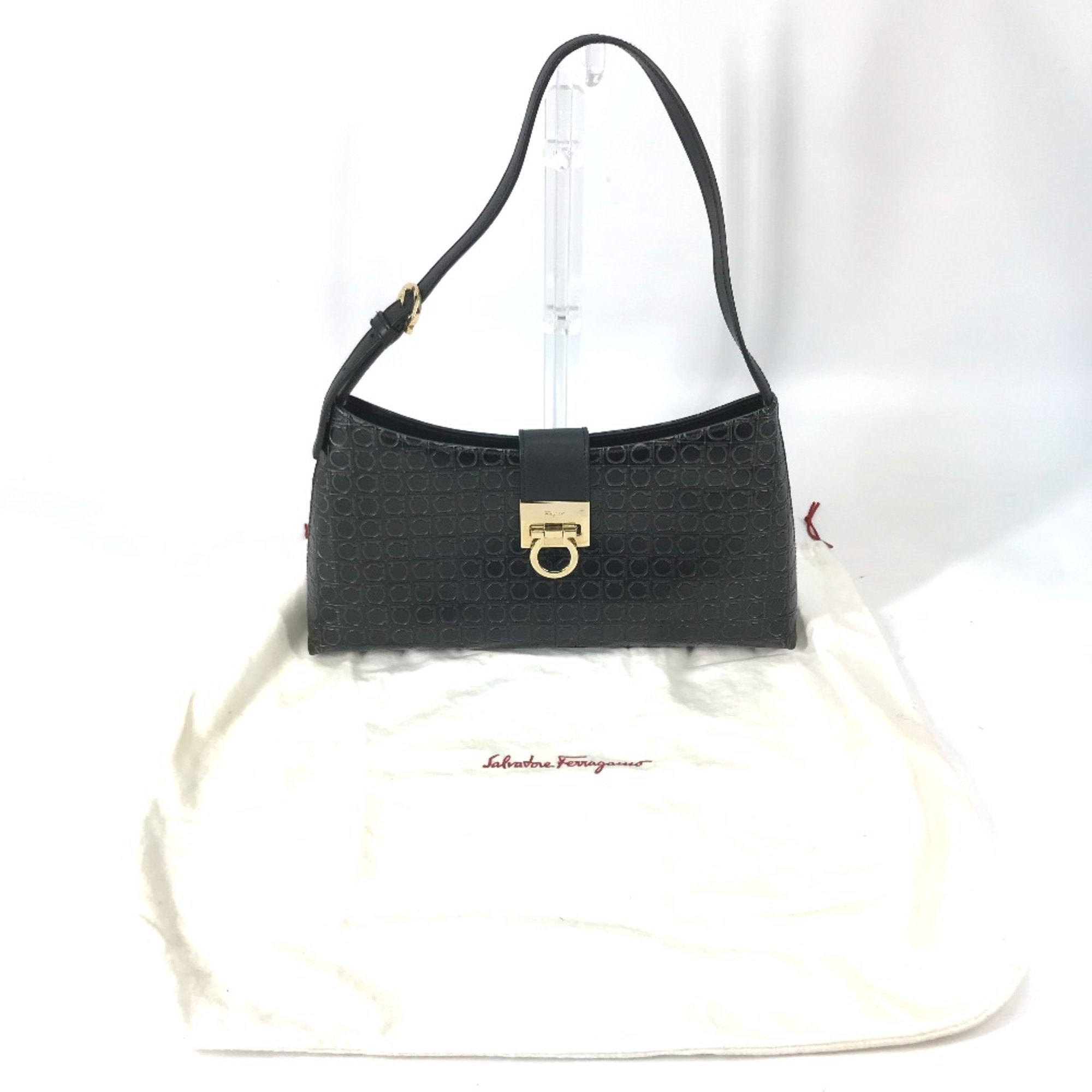 Salvatore Ferragamo Gancini bag one shoulder Hand Bag Black Gold