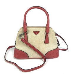 PRADA BN0115 CANAPA+STRUZZ 2WAY Shoulder Bag Hand Bag Natural x Red BeigeBased x Red