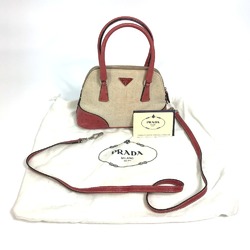 PRADA BN0115 CANAPA+STRUZZ 2WAY Shoulder Bag Hand Bag Natural x Red BeigeBased x Red