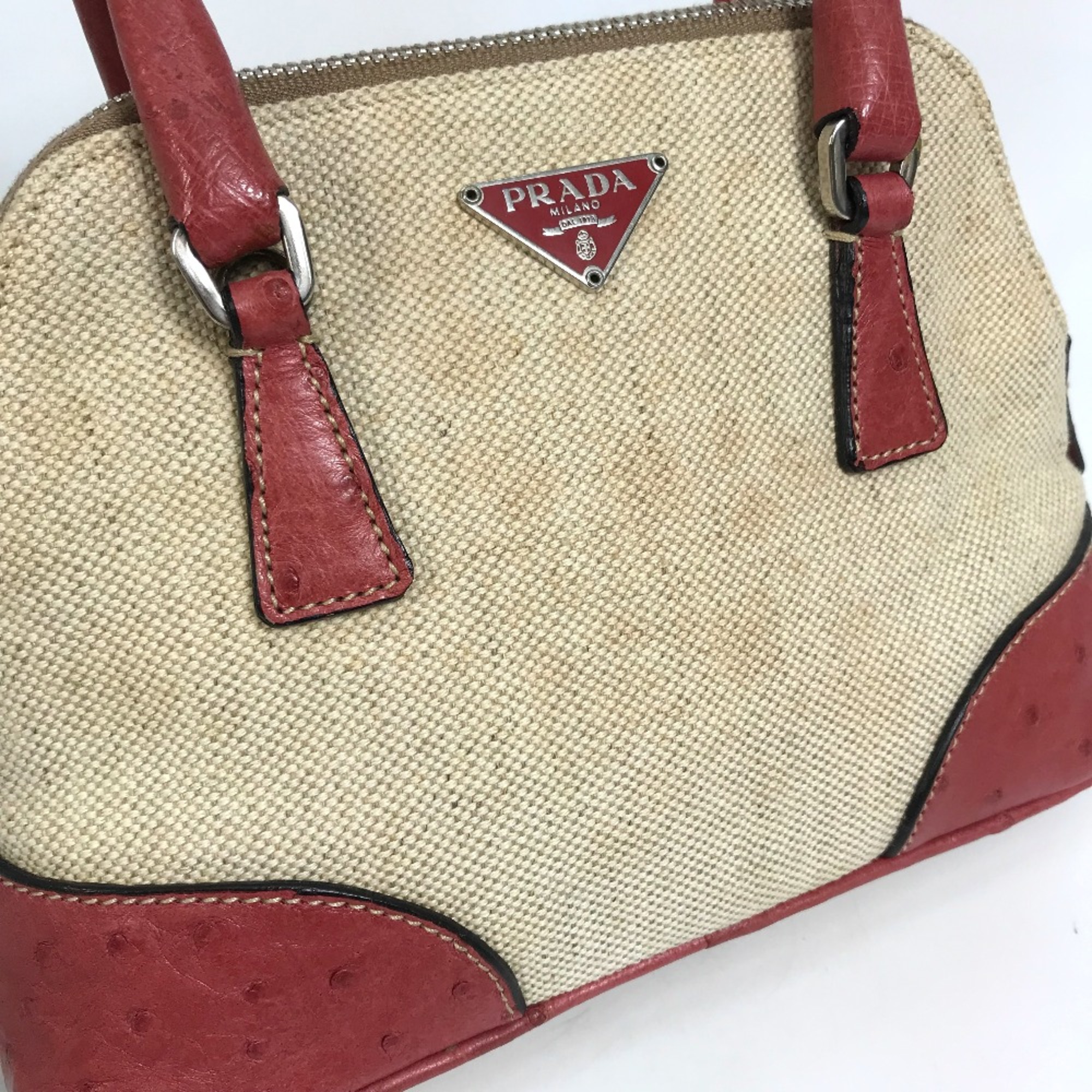 PRADA BN0115 CANAPA+STRUZZ 2WAY Shoulder Bag Hand Bag Natural x Red BeigeBased x Red