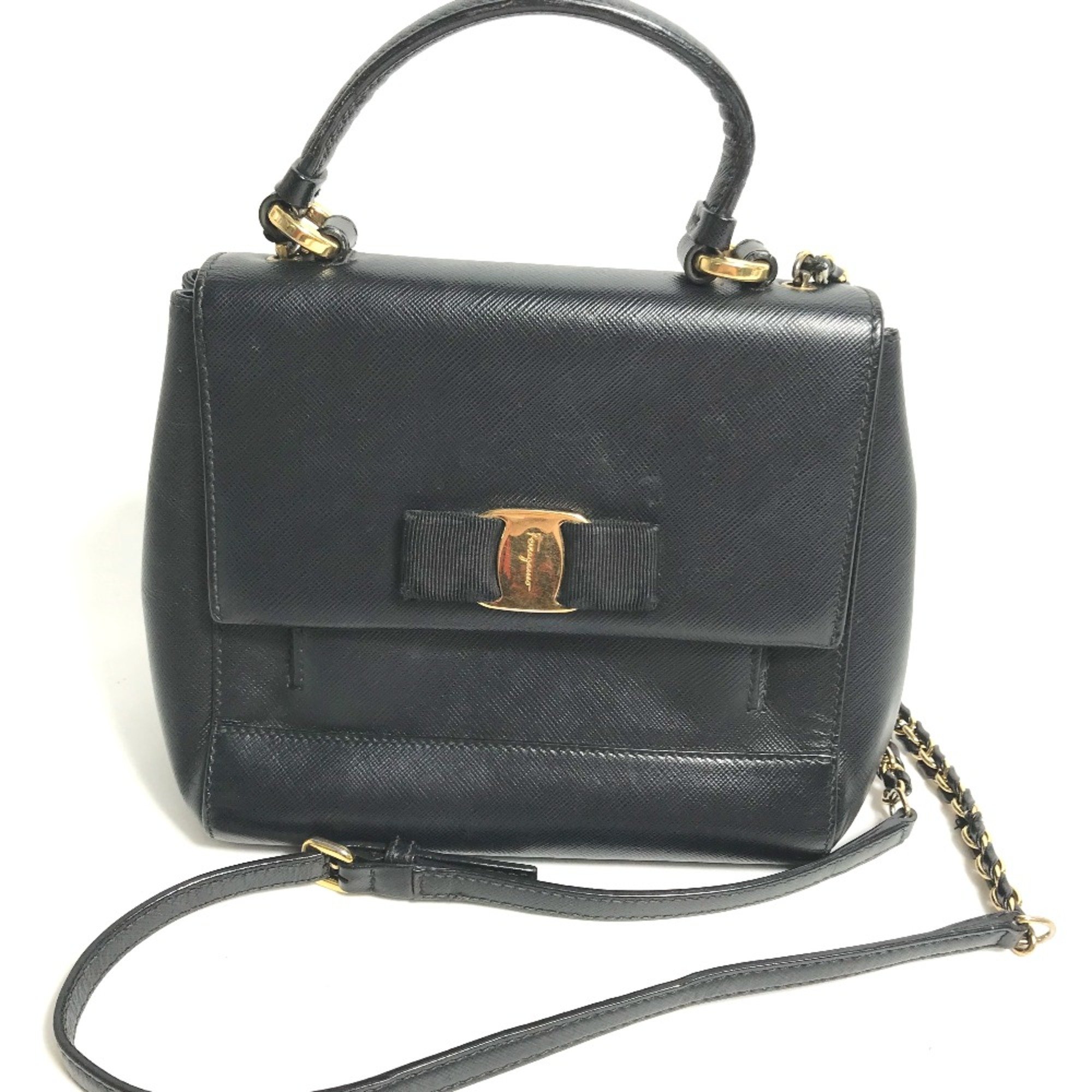 Salvatore Ferragamo 2WAY Chain Hand Bag Crossbody Shoulder Bag Black Gold