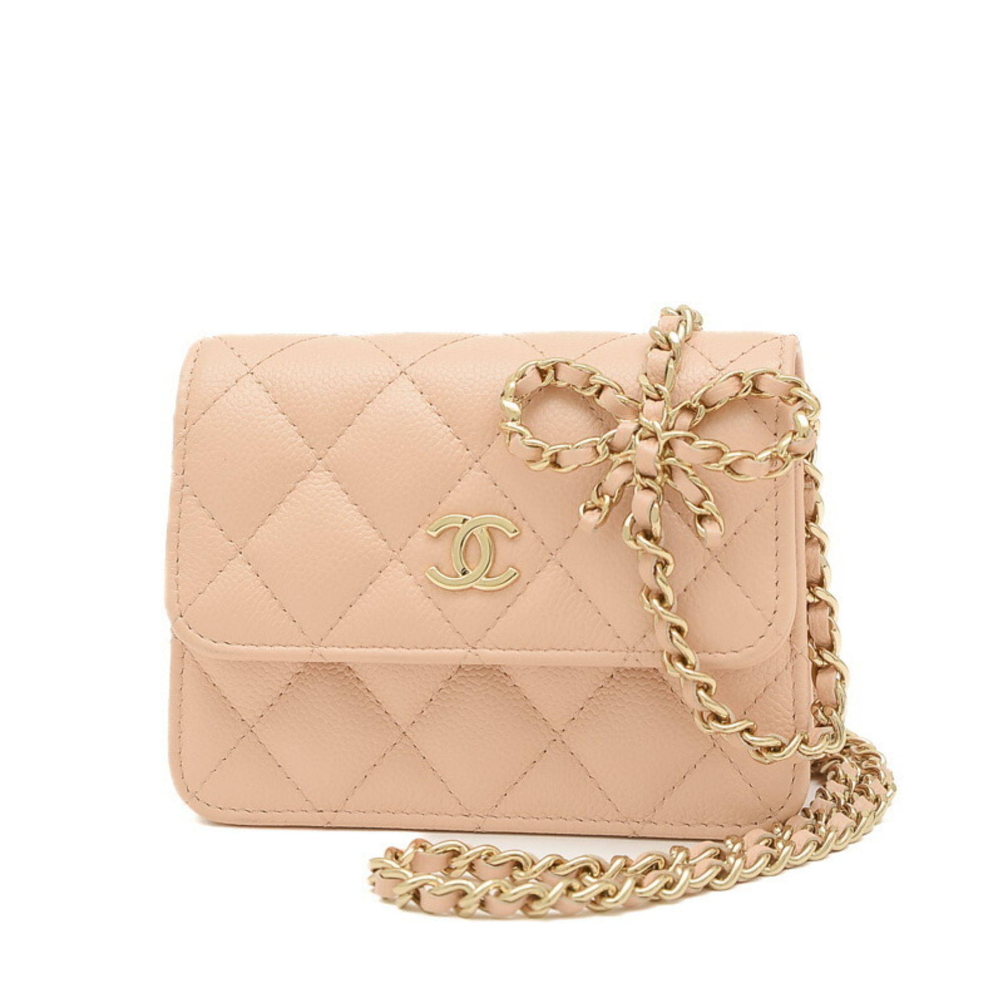 Chanel Matelasse Flap Ribbon Chain Shoulder Bag in Caviar Skin Beige