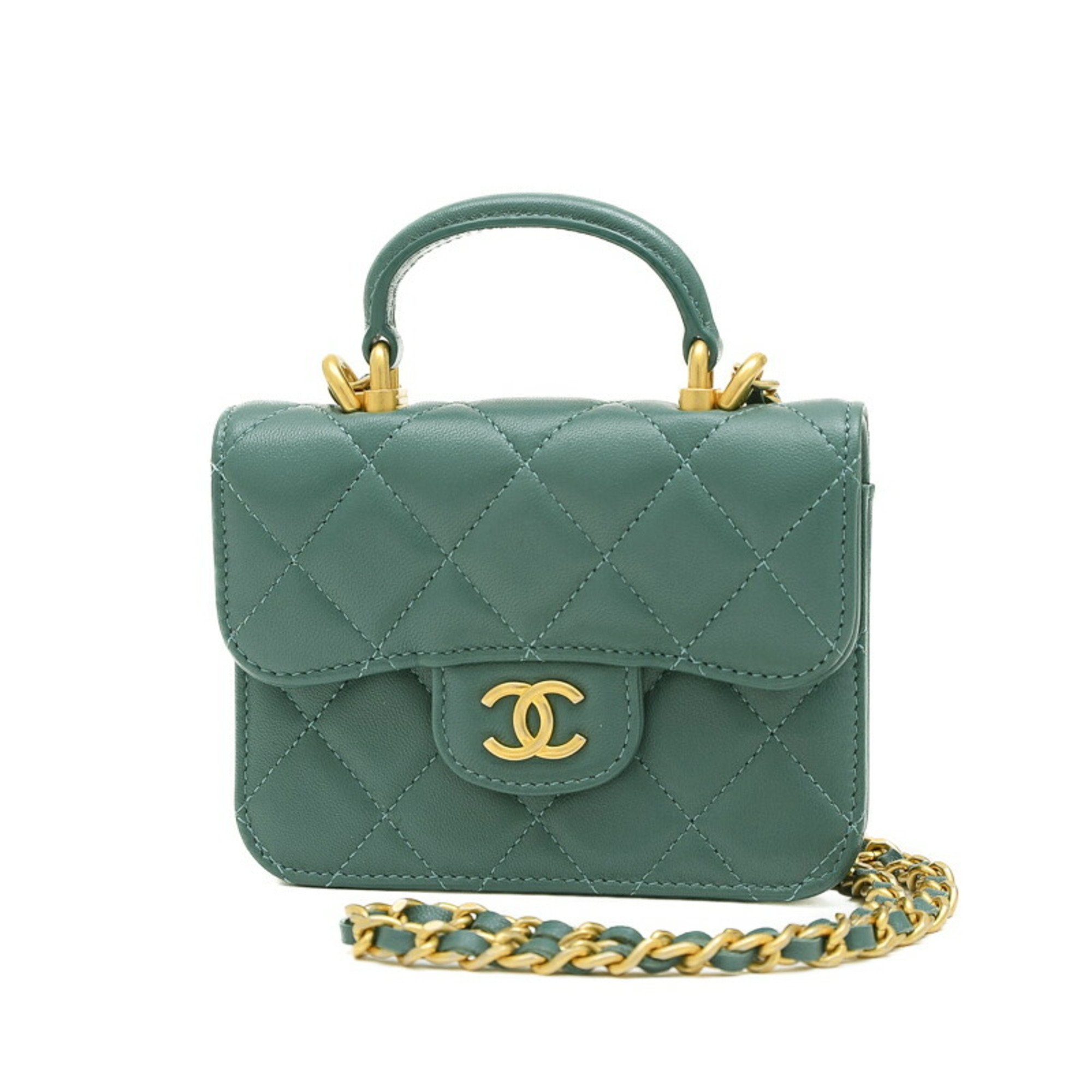 Chanel Matelasse Flap Coin Purse Chain Shoulder Green AP2200