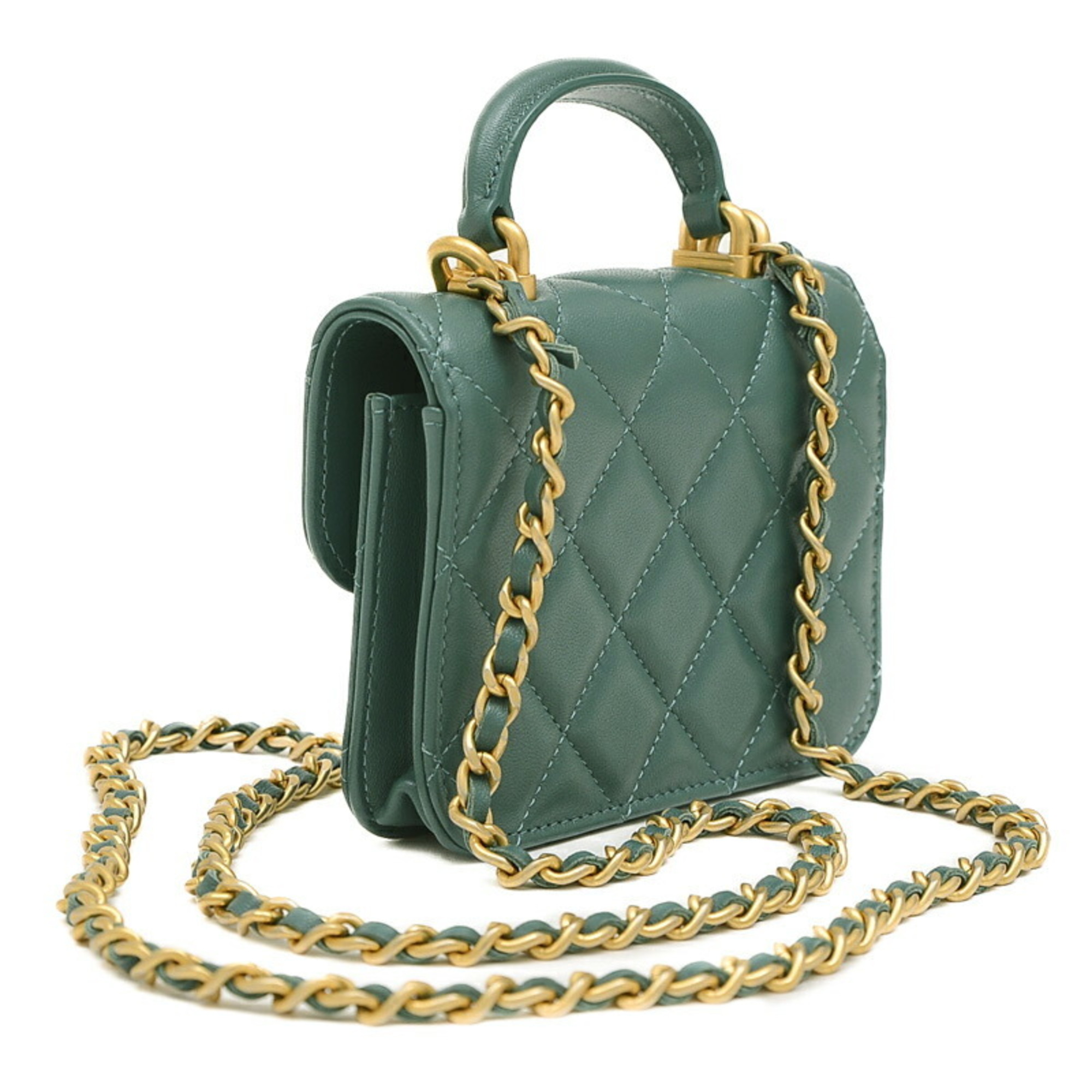 Chanel Matelasse Flap Coin Purse Chain Shoulder Green AP2200