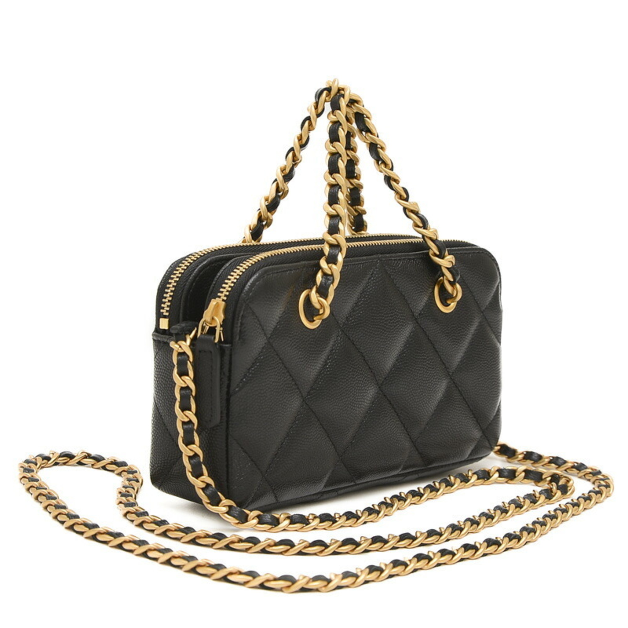 Chanel Matelasse Phone Case Chain Wallet Caviar Skin Black AP3495