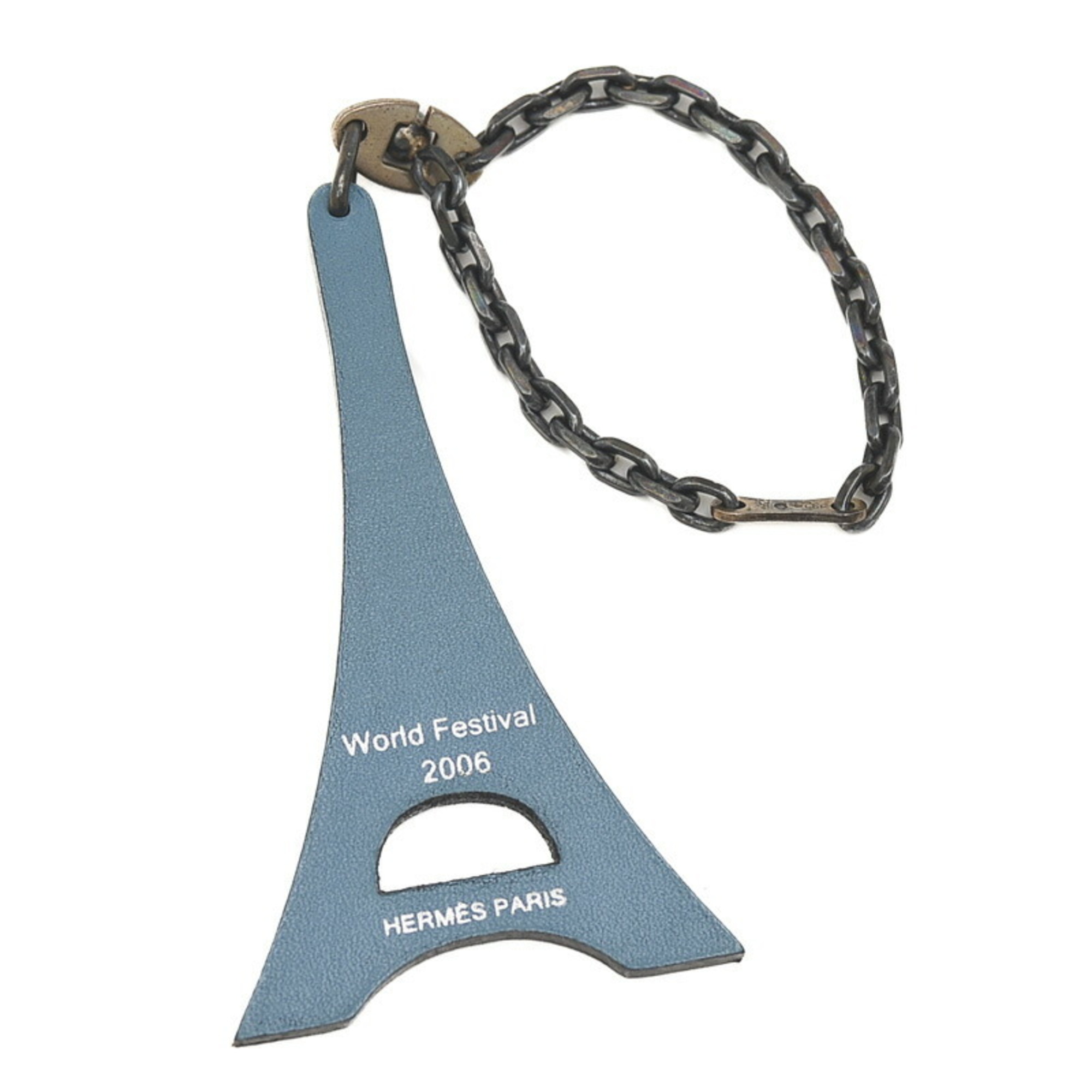 Hermes Bag Charm Eiffel Tower World Festival 2006 Leather Blue Jean