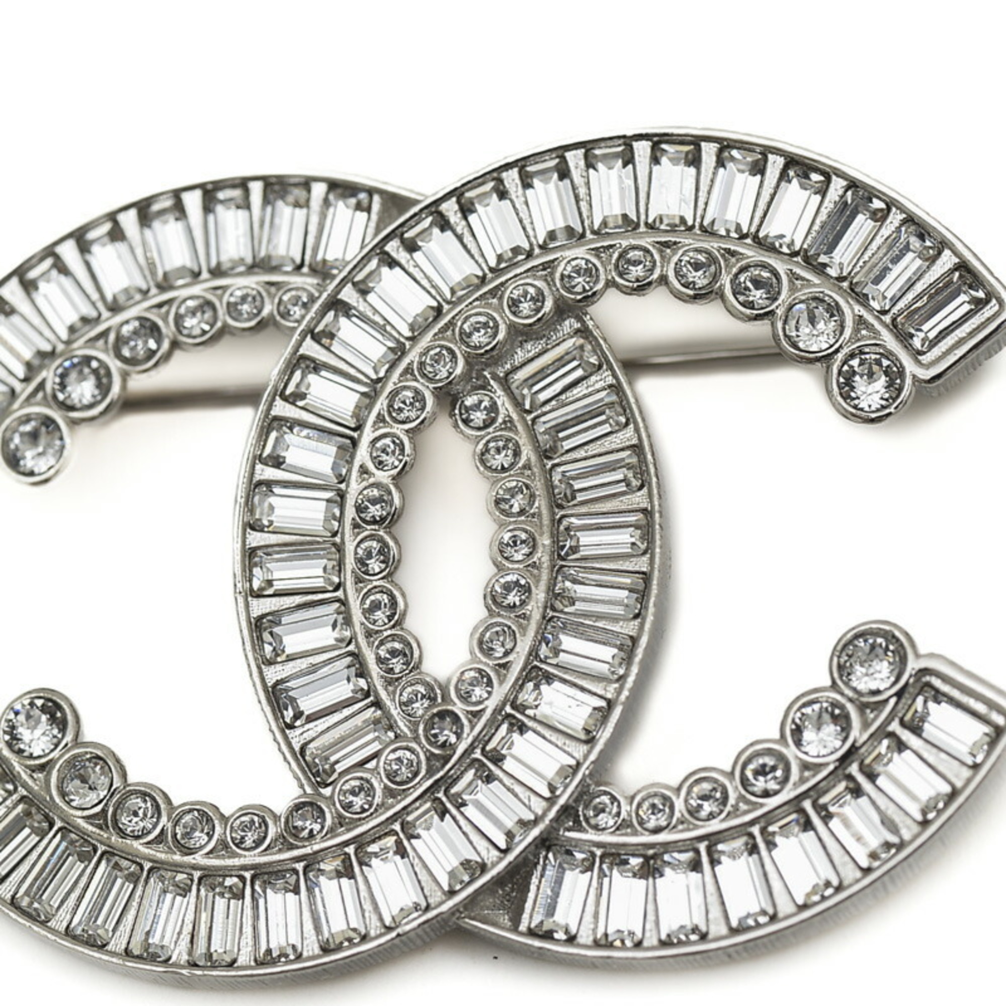 Chanel Brooch Coco Mark Silver Rhinestone B23S