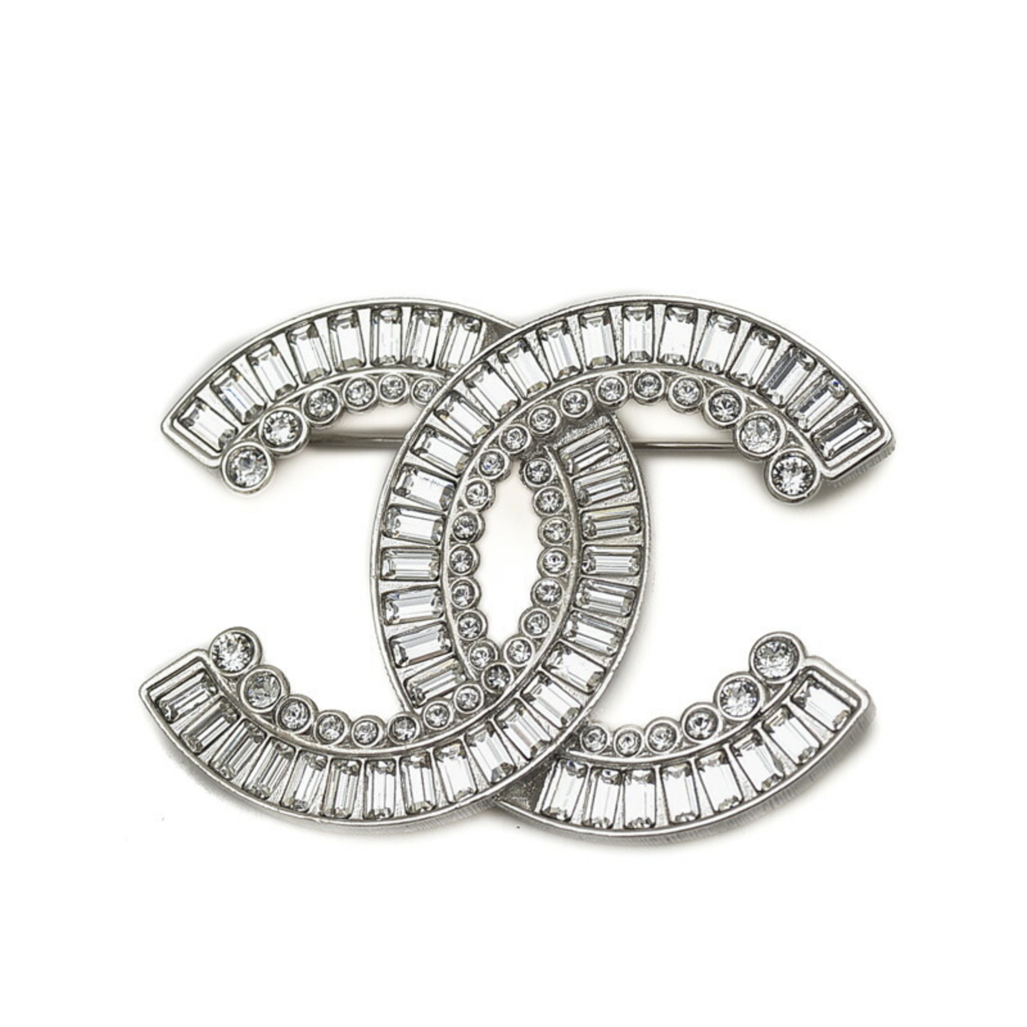 Chanel Brooch Coco Mark Silver Rhinestone B23S