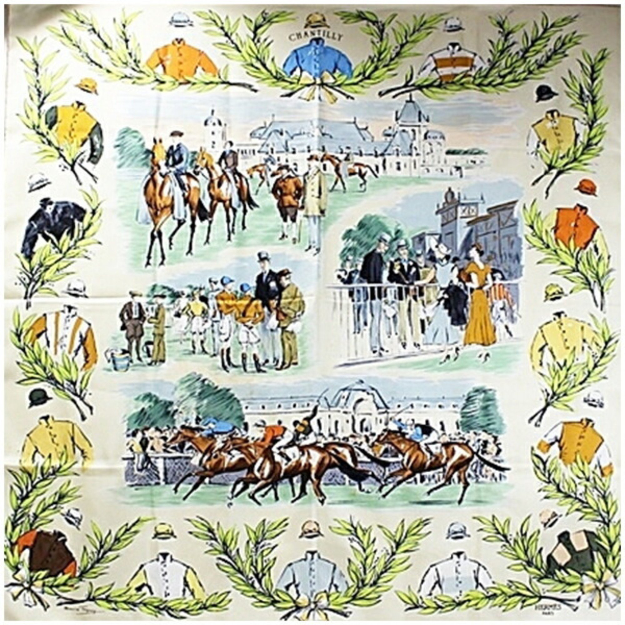 Hermes Scarf Muffler Carre 90 "CHANTILLY" Racecourse Cream HERMES Women's